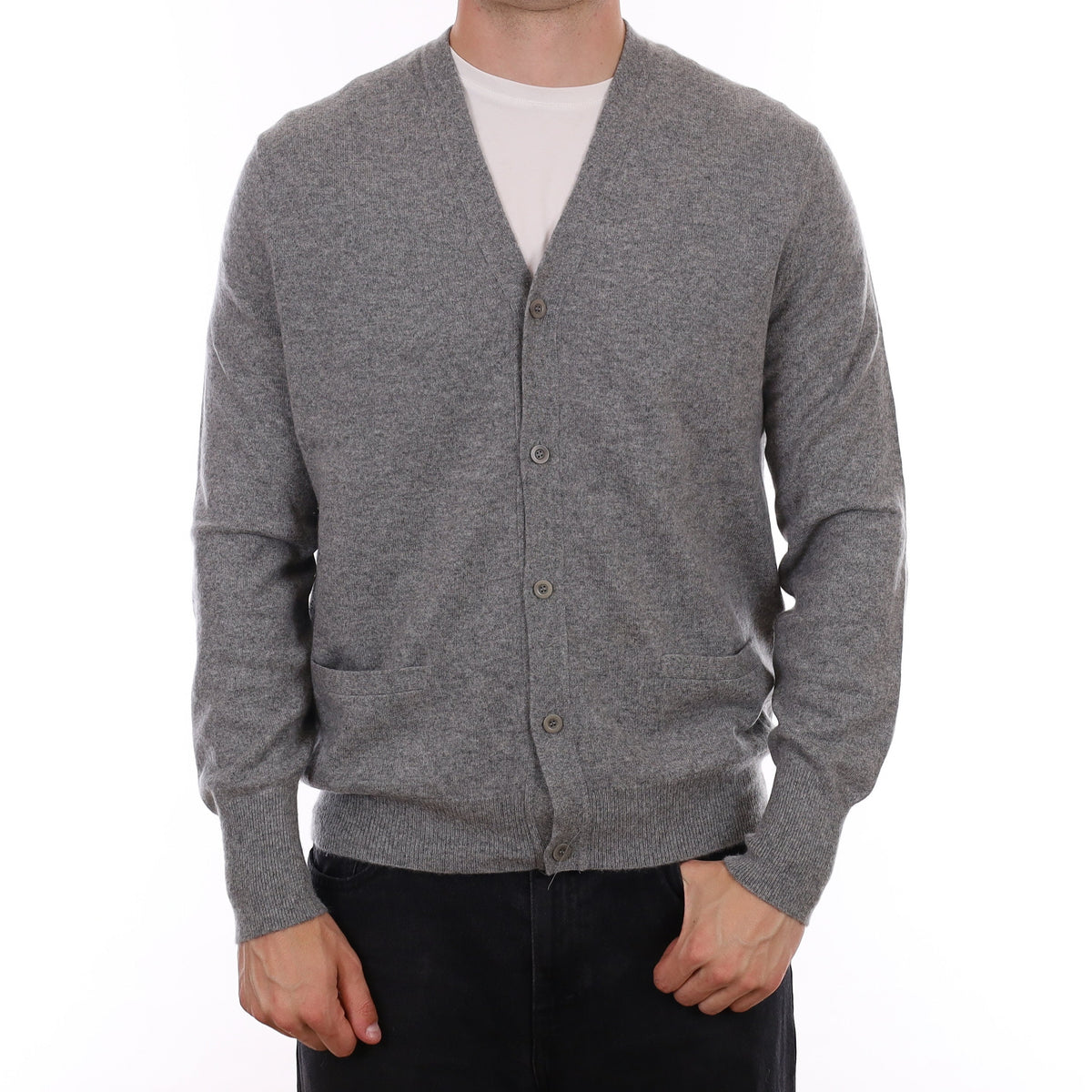 Men's Ash Grey Cashmere V Neck Cardigan with Pockets XL