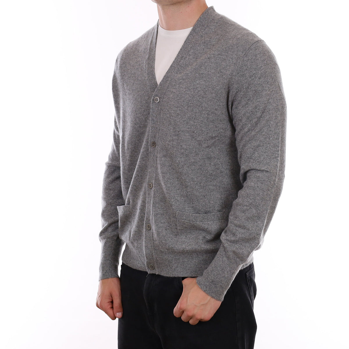 Men's Ash Grey Cashmere V Neck Cardigan with Pockets XL