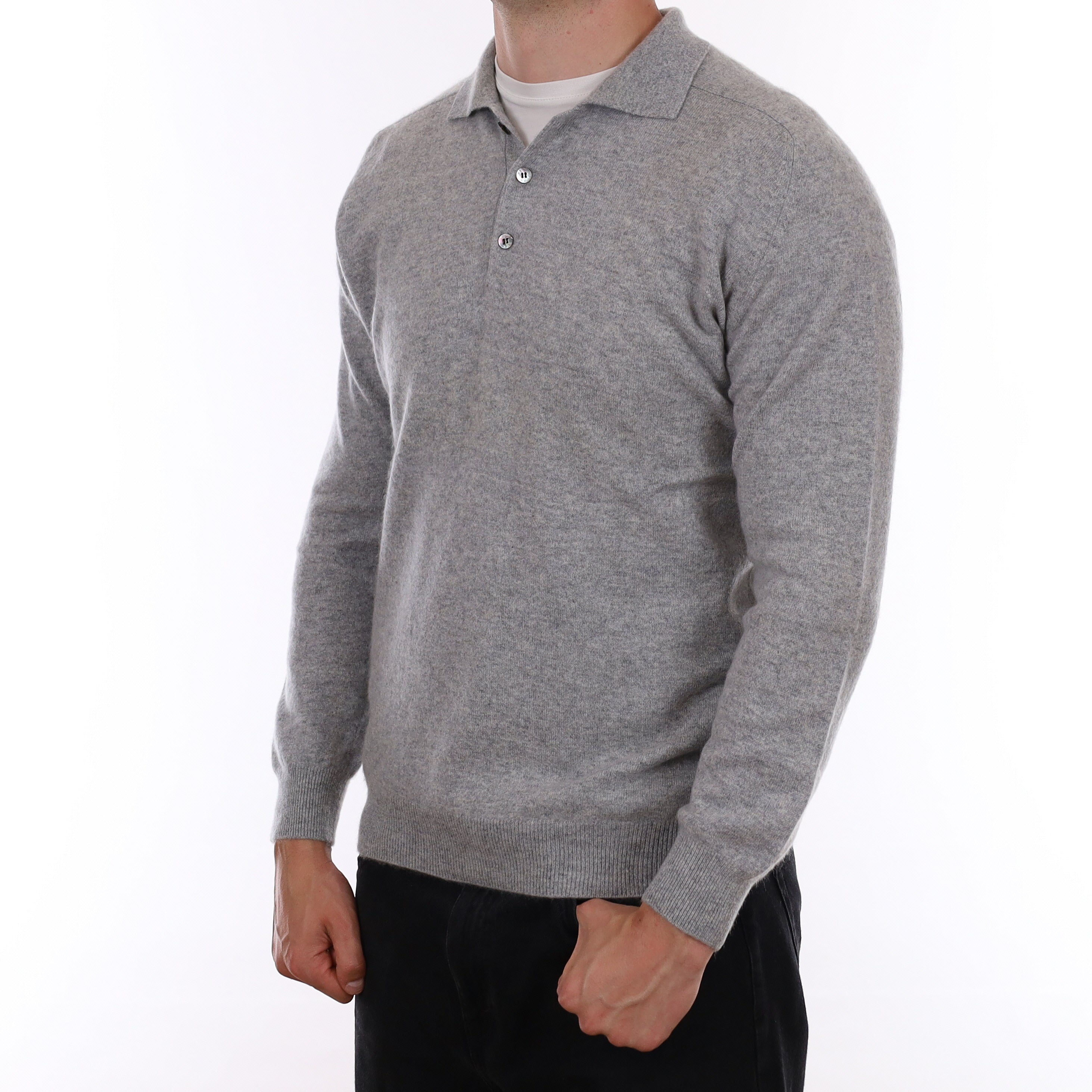 Men's Yorn Smoke Grey Cashmere Collared 1/4 Button Jumper XL