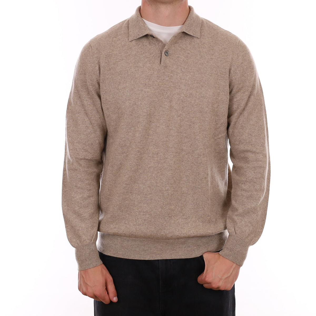 Men's Italian Fawn Brown Cashmere Collared 1/4 Button Jumper XL