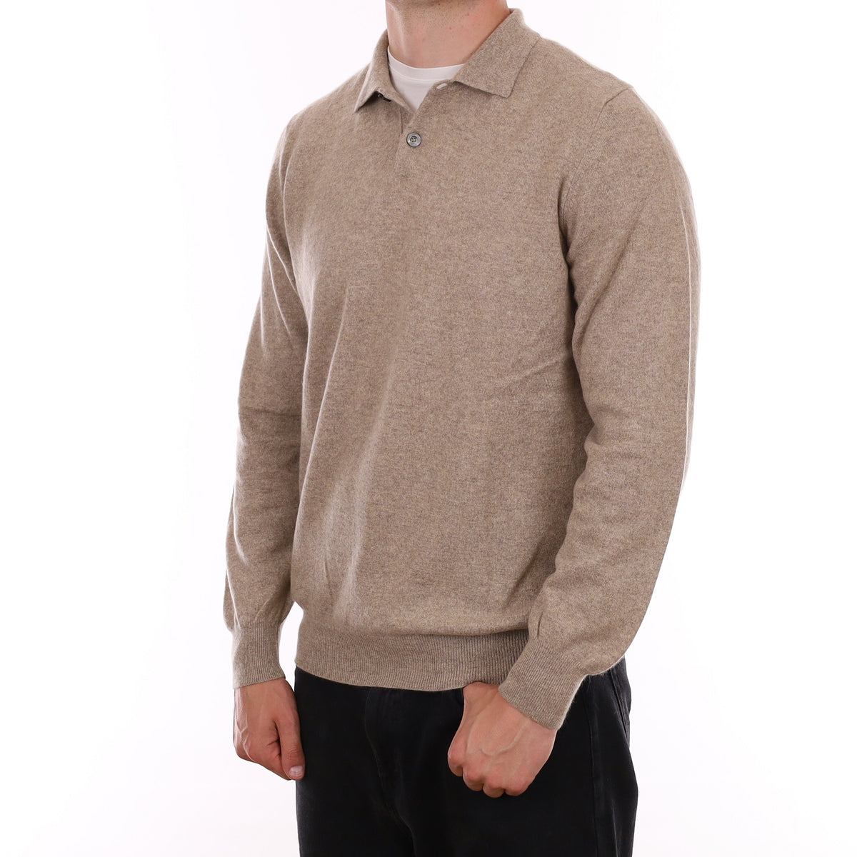 Men's Italian Fawn Brown Cashmere Collared 1/4 Button Jumper XL
