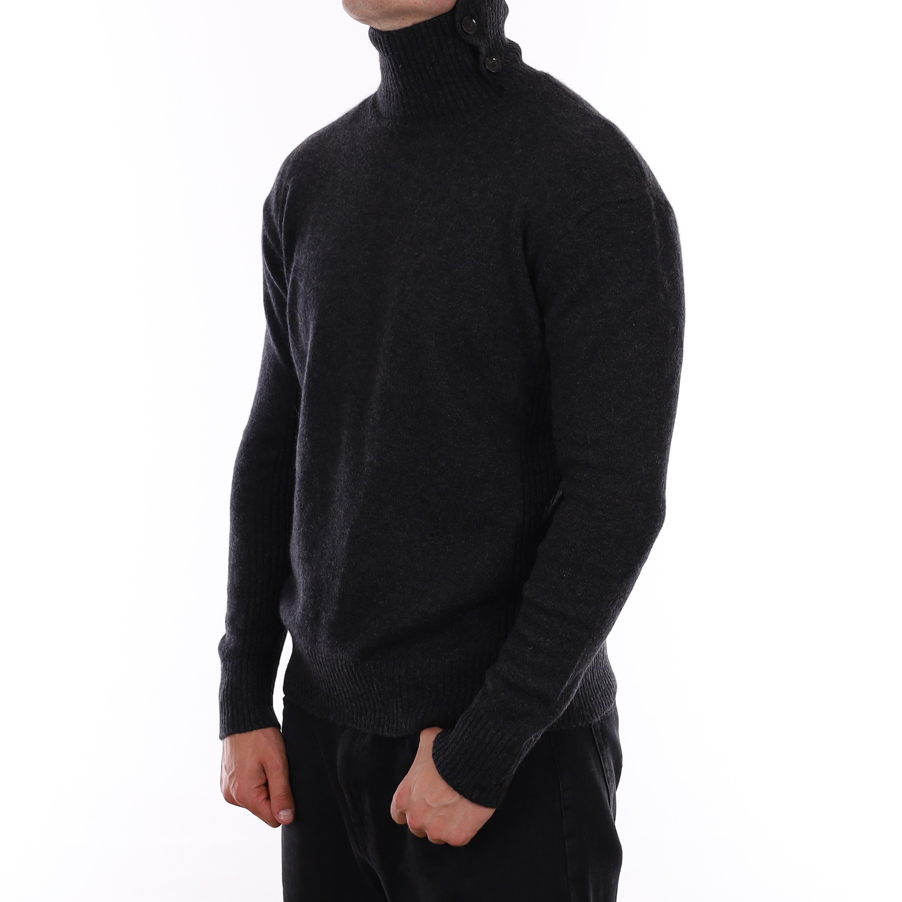 Men's Charcoal Grey Cashmere Buttoned Polo Neck Jumper XL