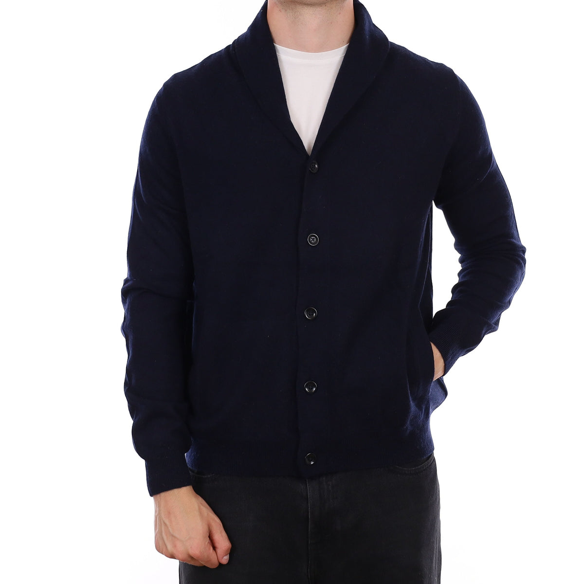 Men's Navy Shawl Collar Cashmere Cardigan with Pockets XL