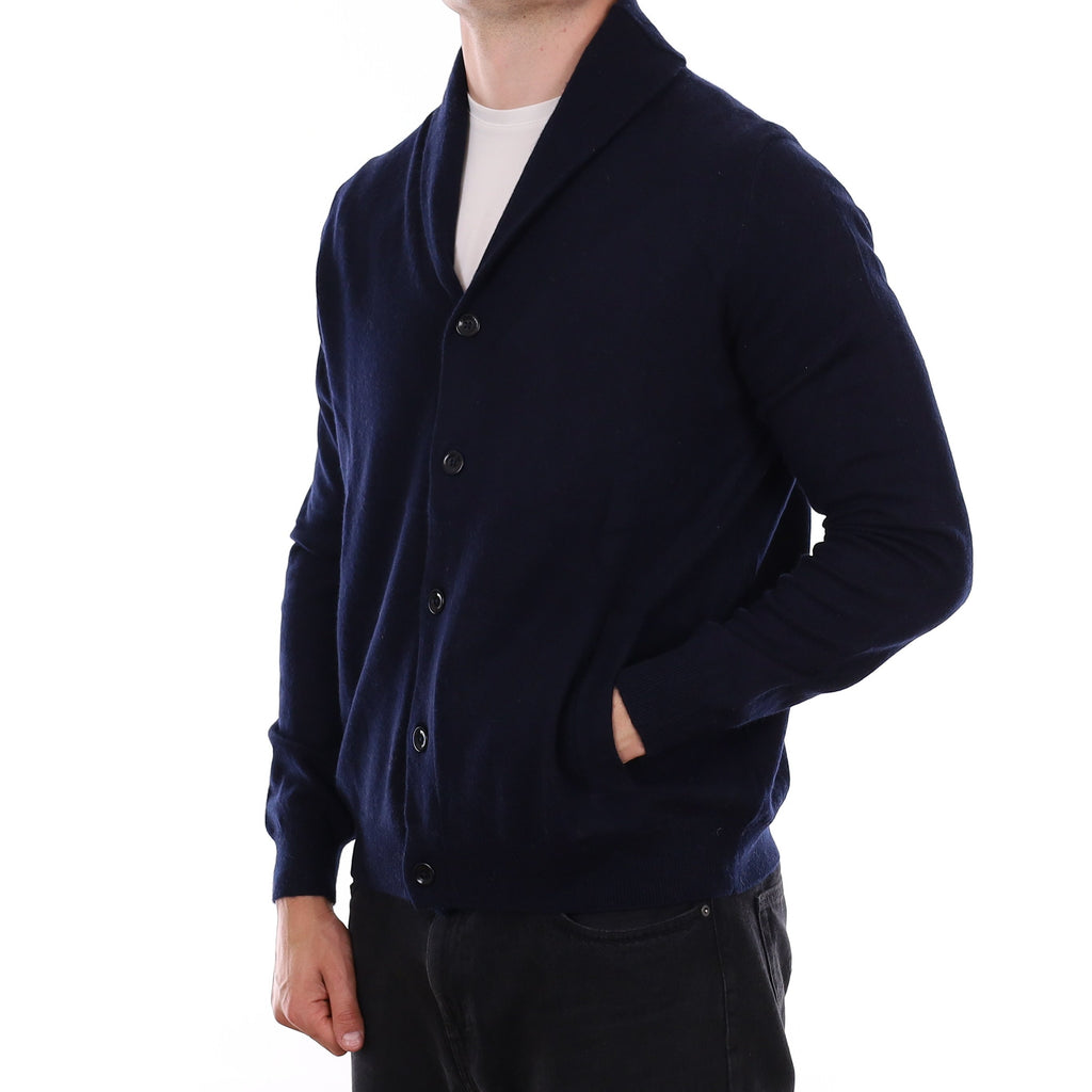 Men's Navy Shawl Collar Cashmere Cardigan with Pockets XL