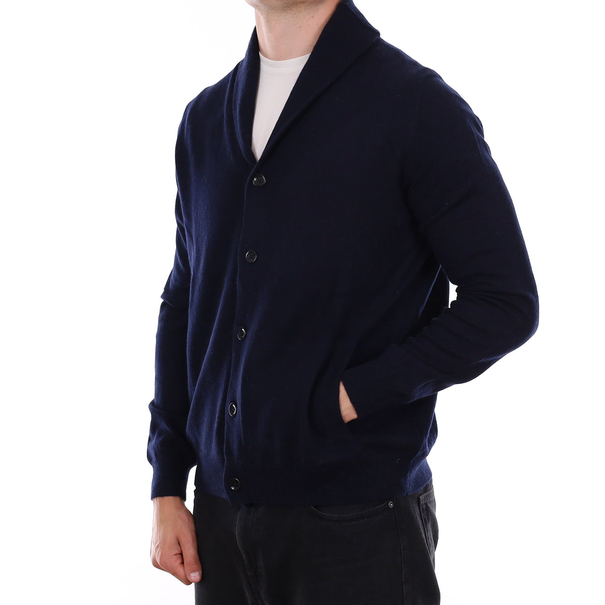 Men's Navy Shawl Collar Cashmere Cardigan with Pockets XL