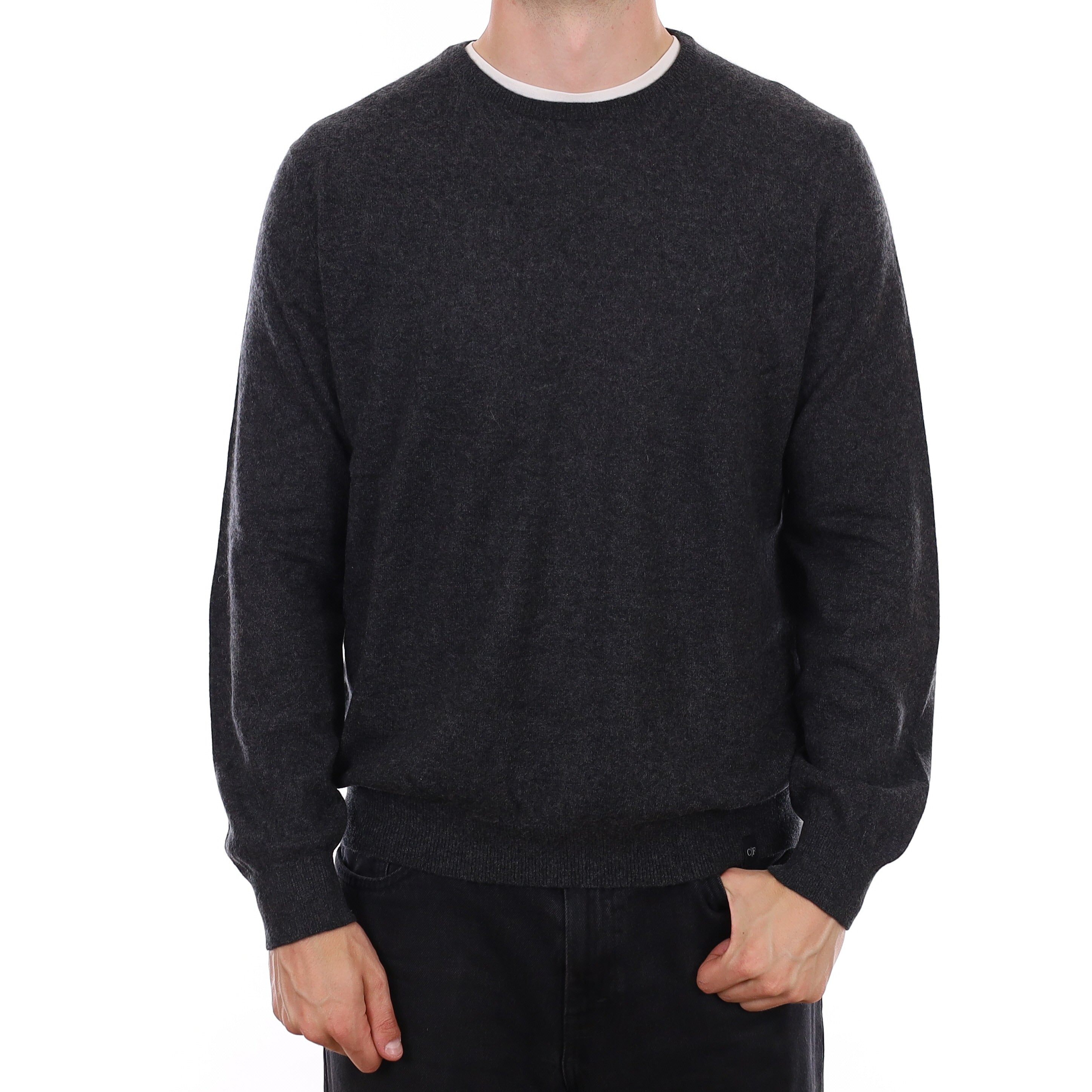 Men's Charcoal Grey Elbow Patch Cashmere Crew Neck Jumper XL