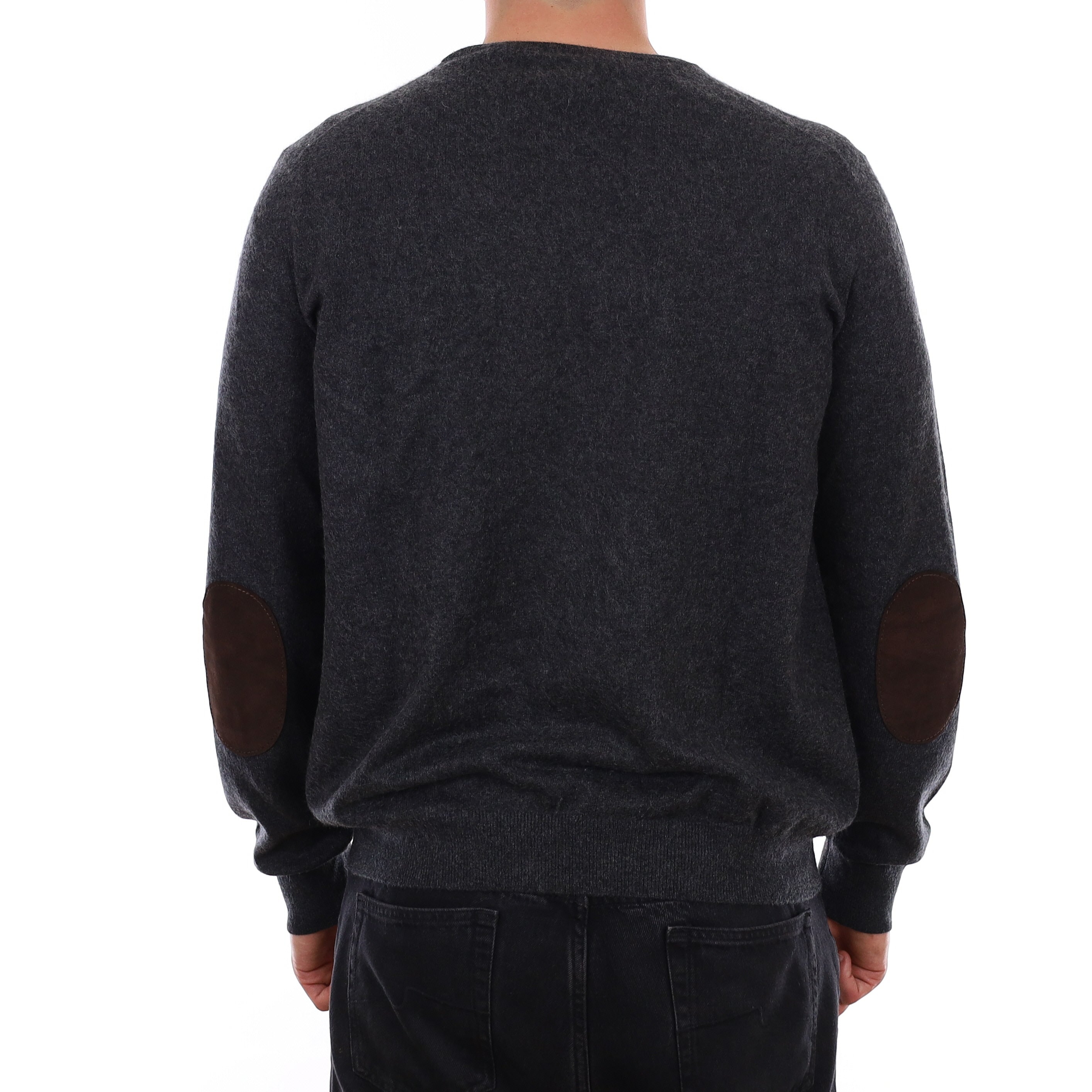 Men's Charcoal Grey Elbow Patch Cashmere Crew Neck Jumper XL