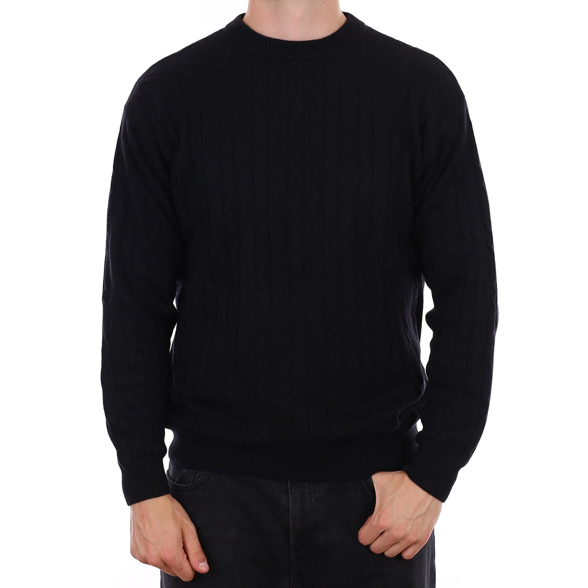 Men's Black Heavy Cable Knit Cashmere Crew Neck Jumper XL