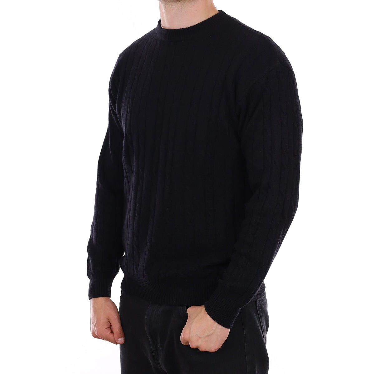Men's Black Heavy Cable Knit Cashmere Crew Neck Jumper XL