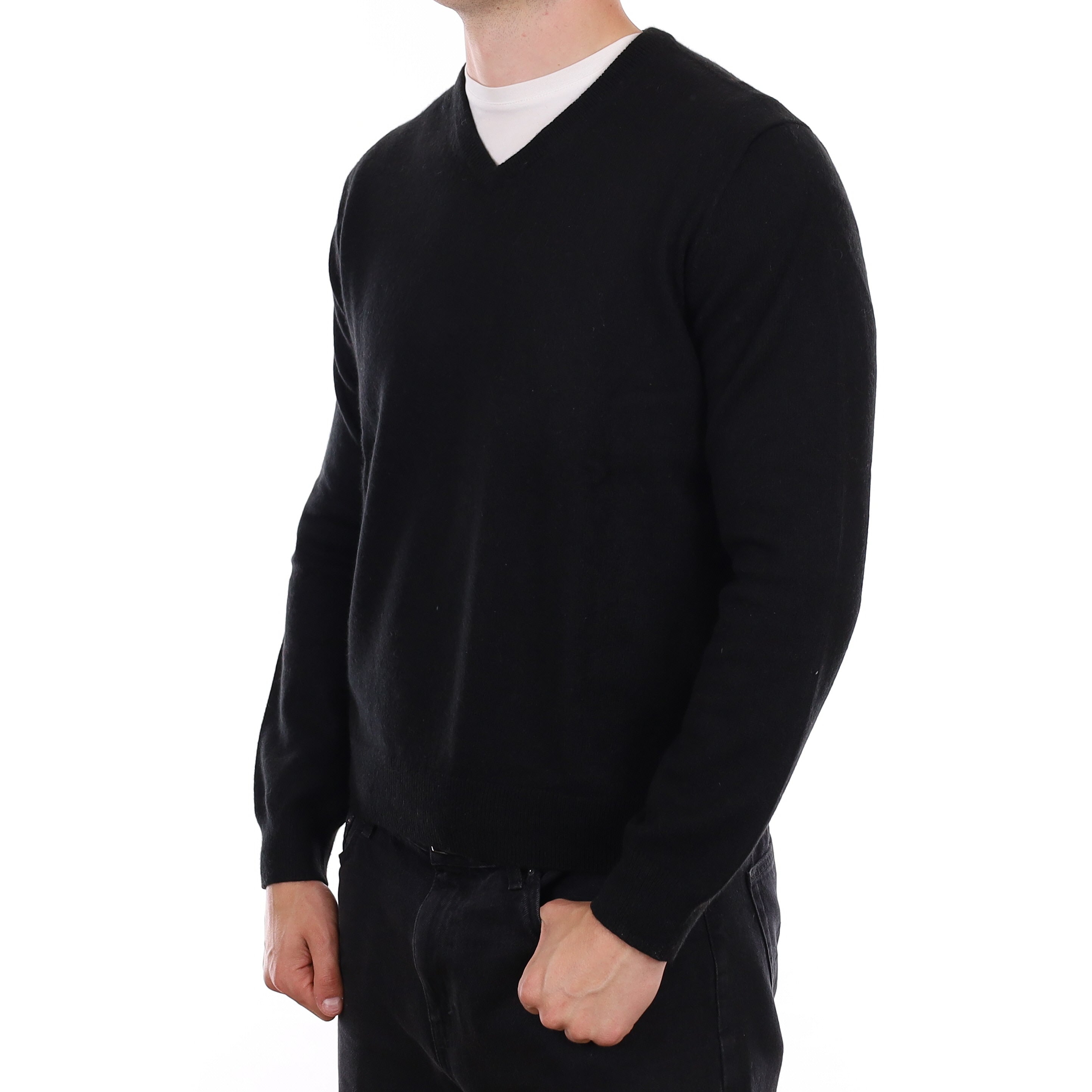 Men's Black Cashmere V Neck Jumper XL