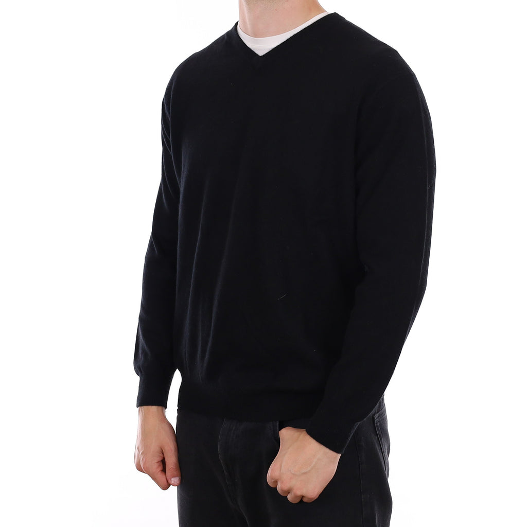 Men's Black Cashmere V Neck Jumper XL