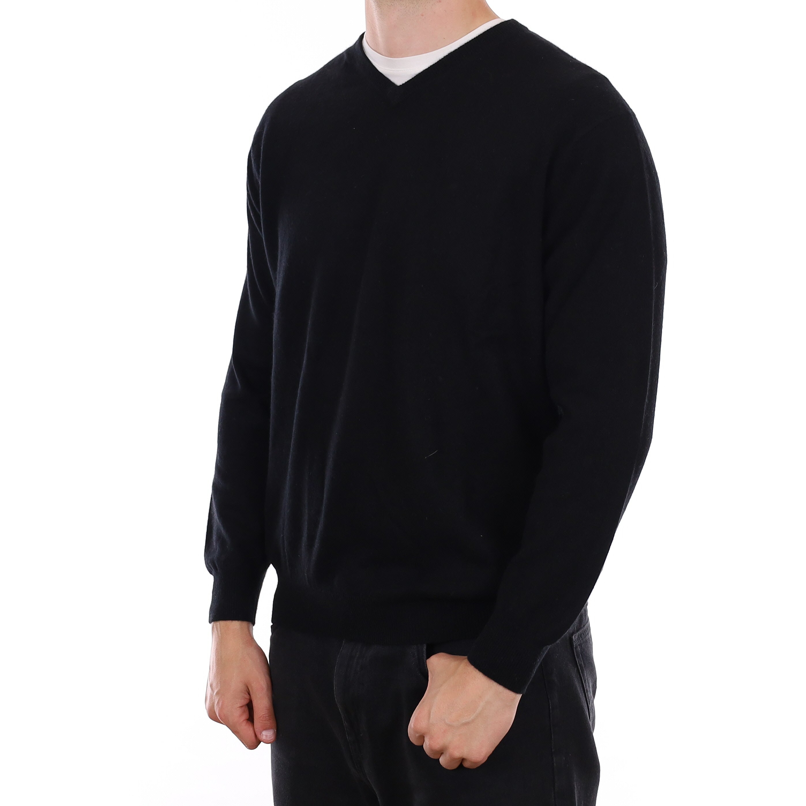 Men's Black Cashmere V Neck Jumper XL