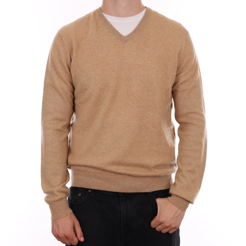 Men's Caramel Brown Cashmere V Neck Jumper XL