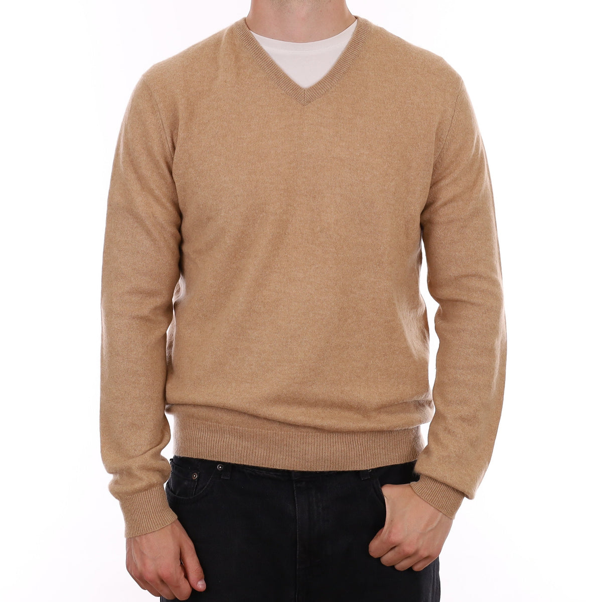 Men's Caramel Brown Cashmere V Neck Jumper XL