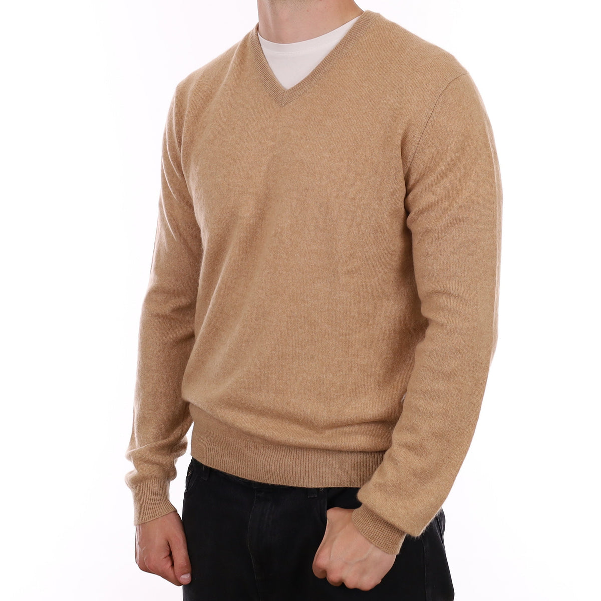 Men's Caramel Brown Cashmere V Neck Jumper XL