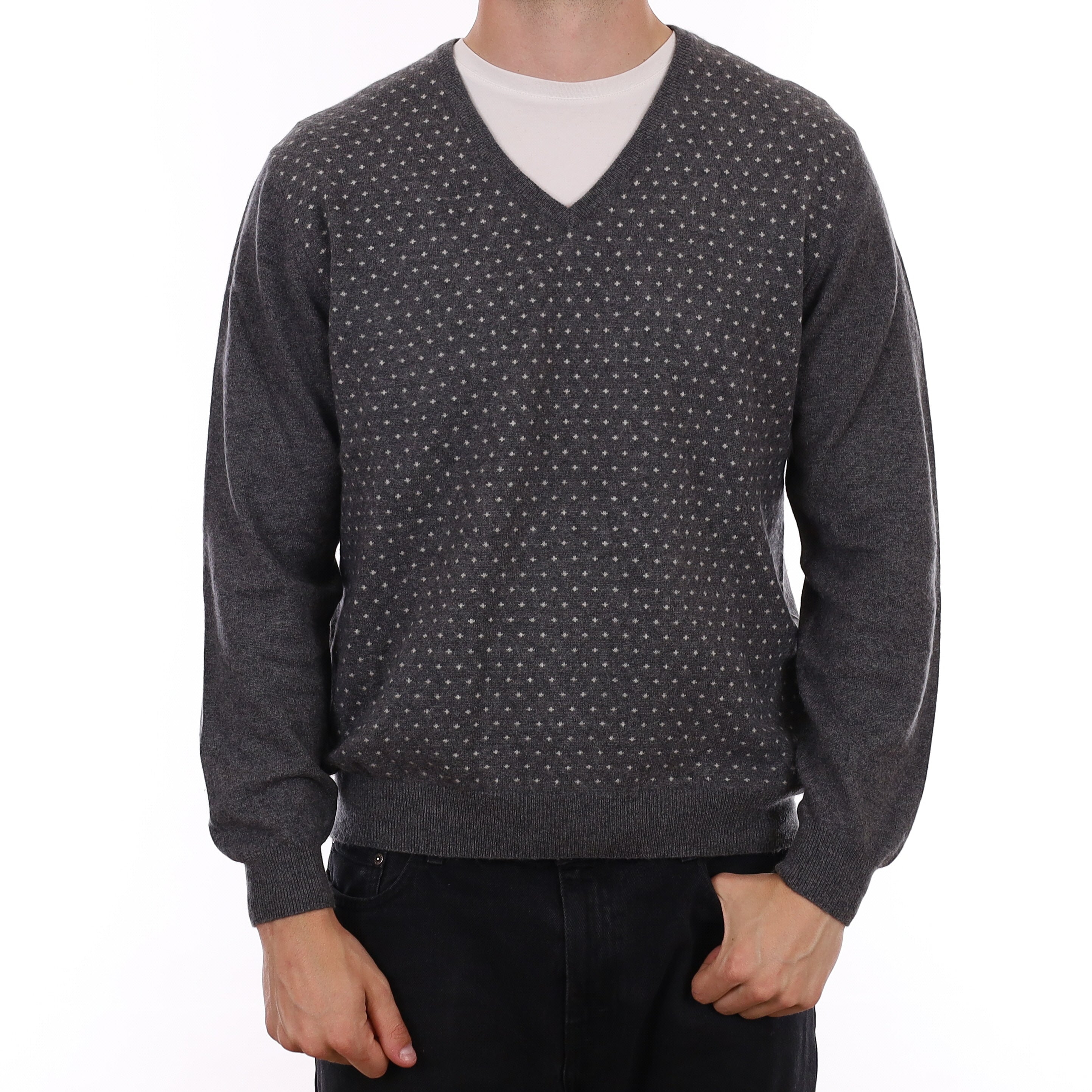Men's Slate Grey Patterned Cashmere V Neck Jumper XL