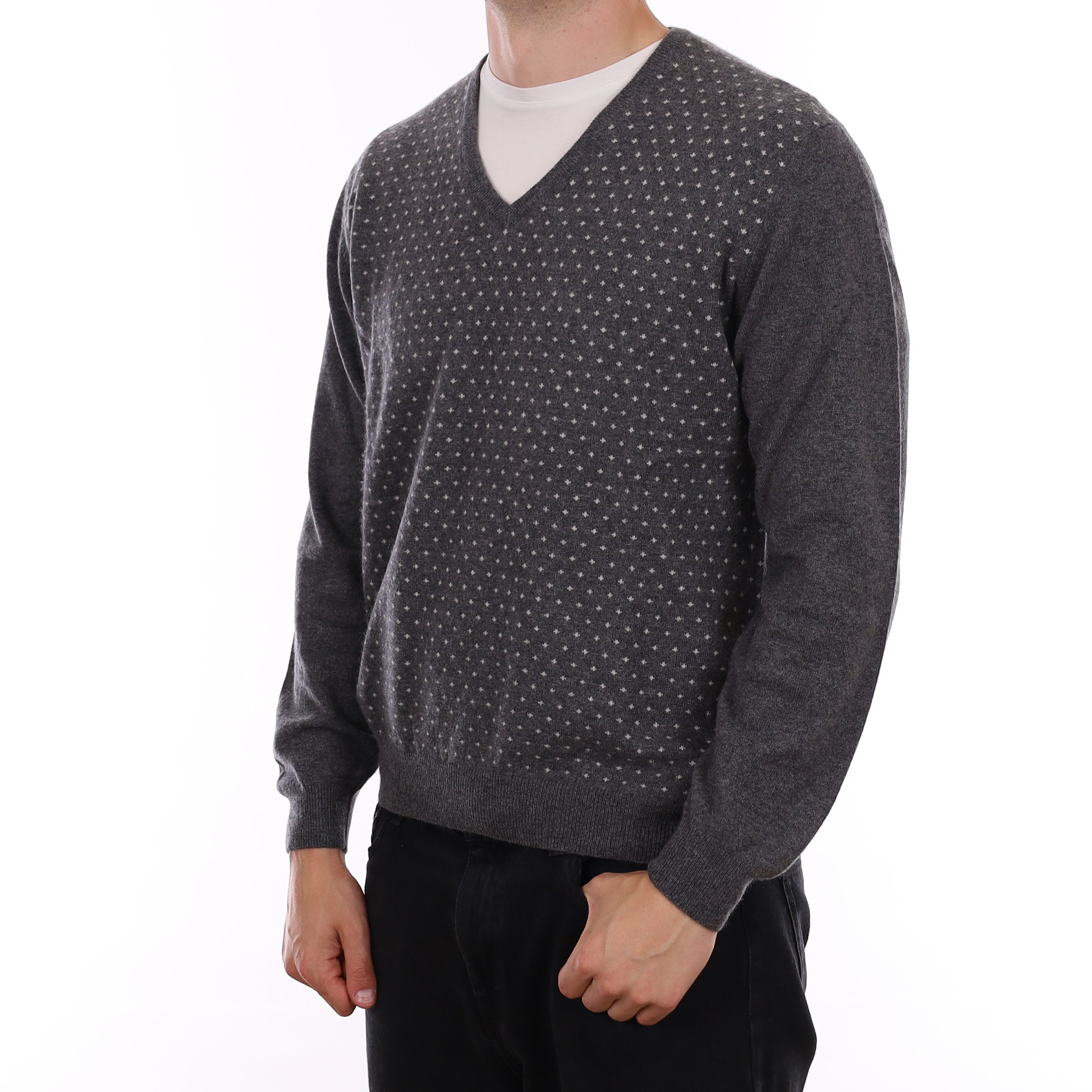Men's Slate Grey Patterned Cashmere V Neck Jumper XL