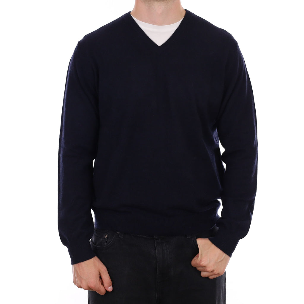 Men's Yorn Dark Navy Cashmere V Neck Jumper XL