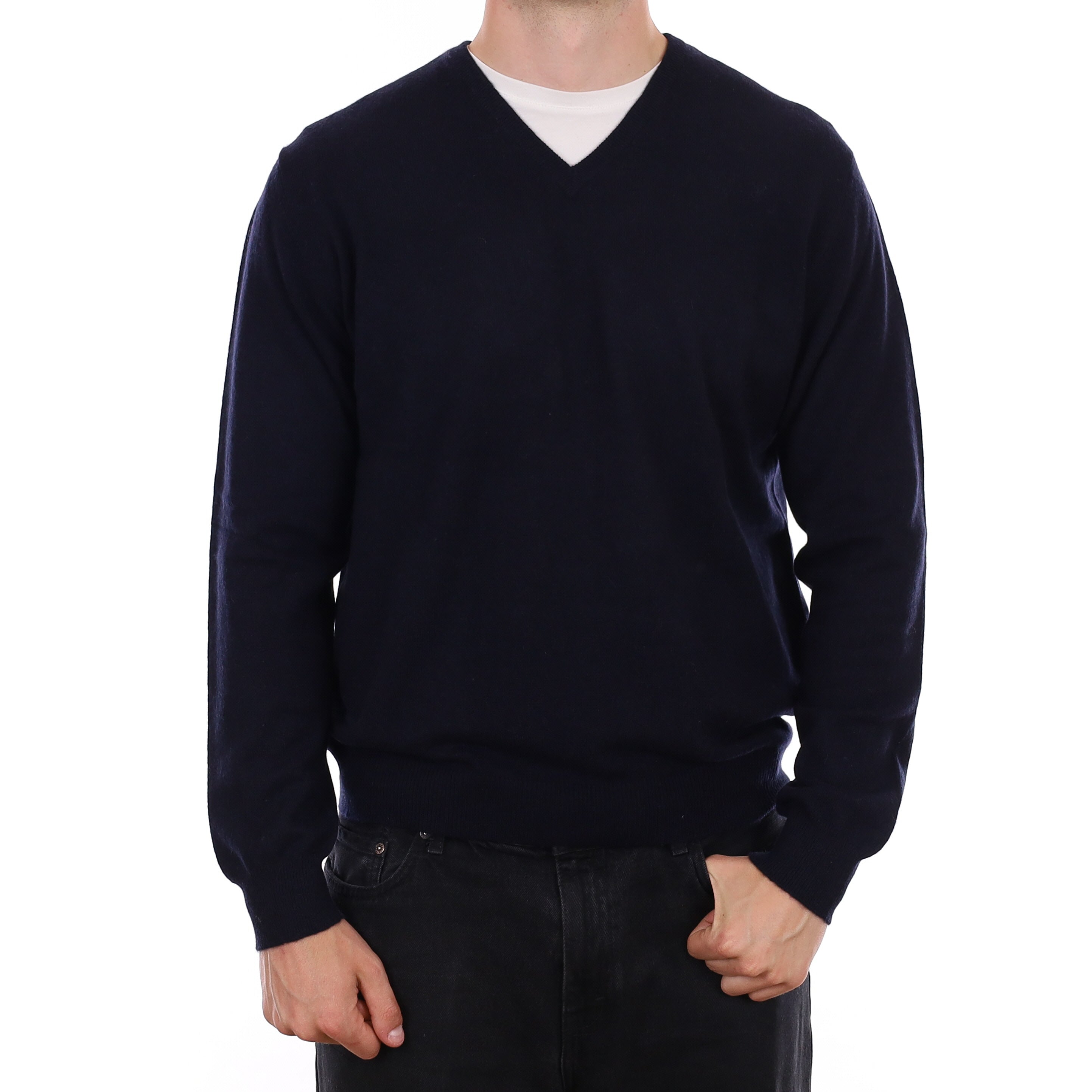Men's Yorn Dark Navy Cashmere V Neck Jumper XL