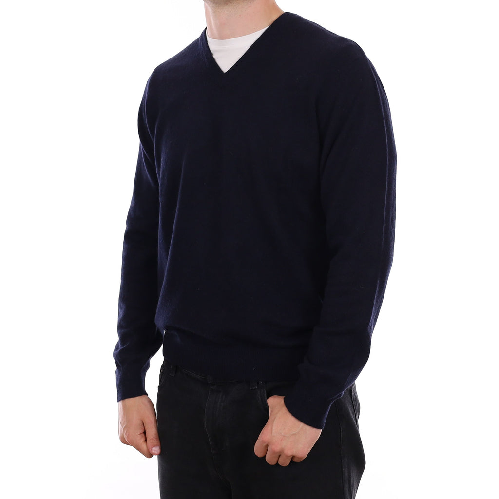 Men's Yorn Dark Navy Cashmere V Neck Jumper XL