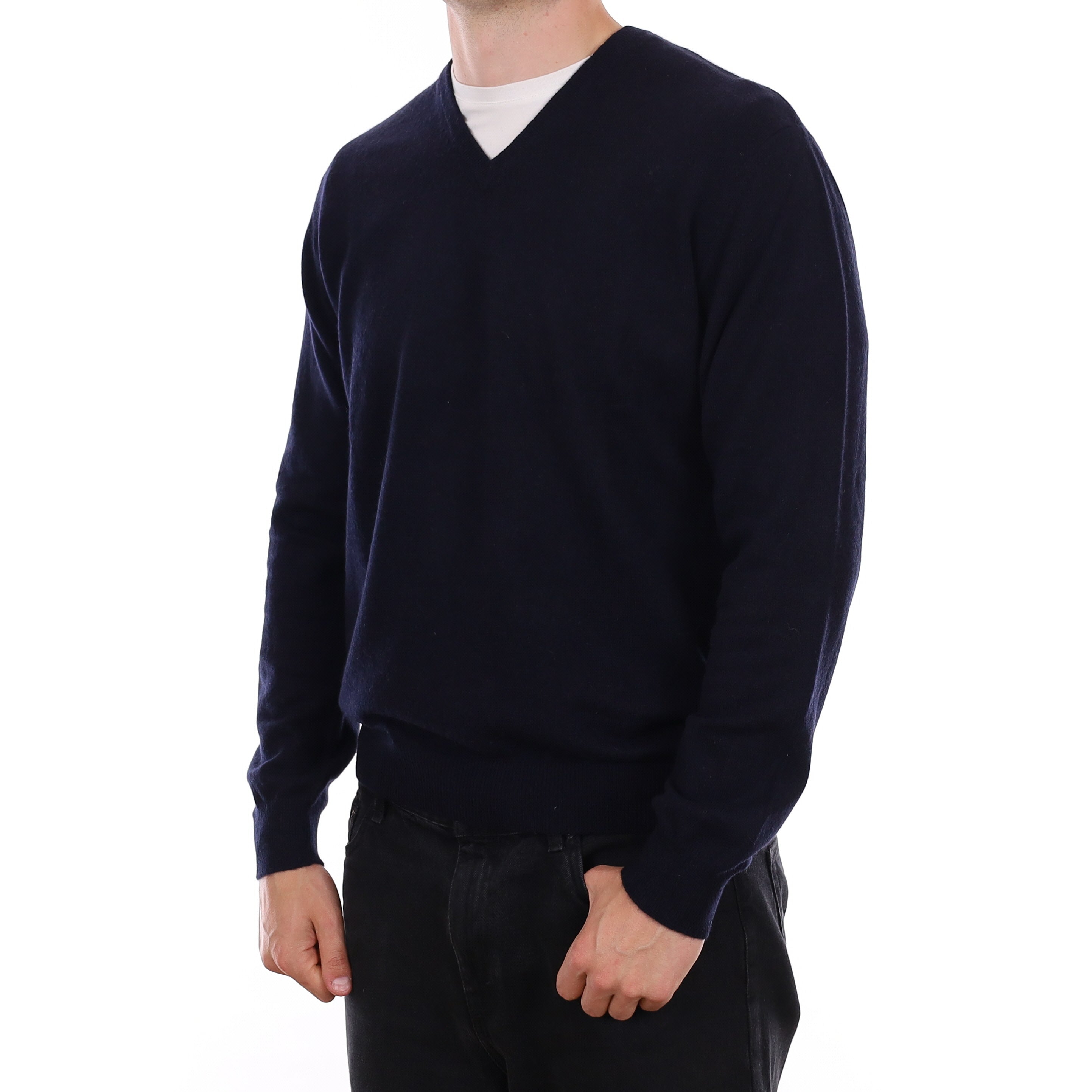 Men's Yorn Dark Navy Cashmere V Neck Jumper XL