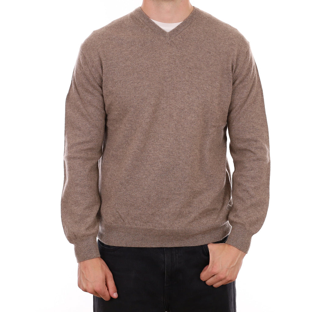 Men's Taupe Brown Cashmere V Neck Jumper XL