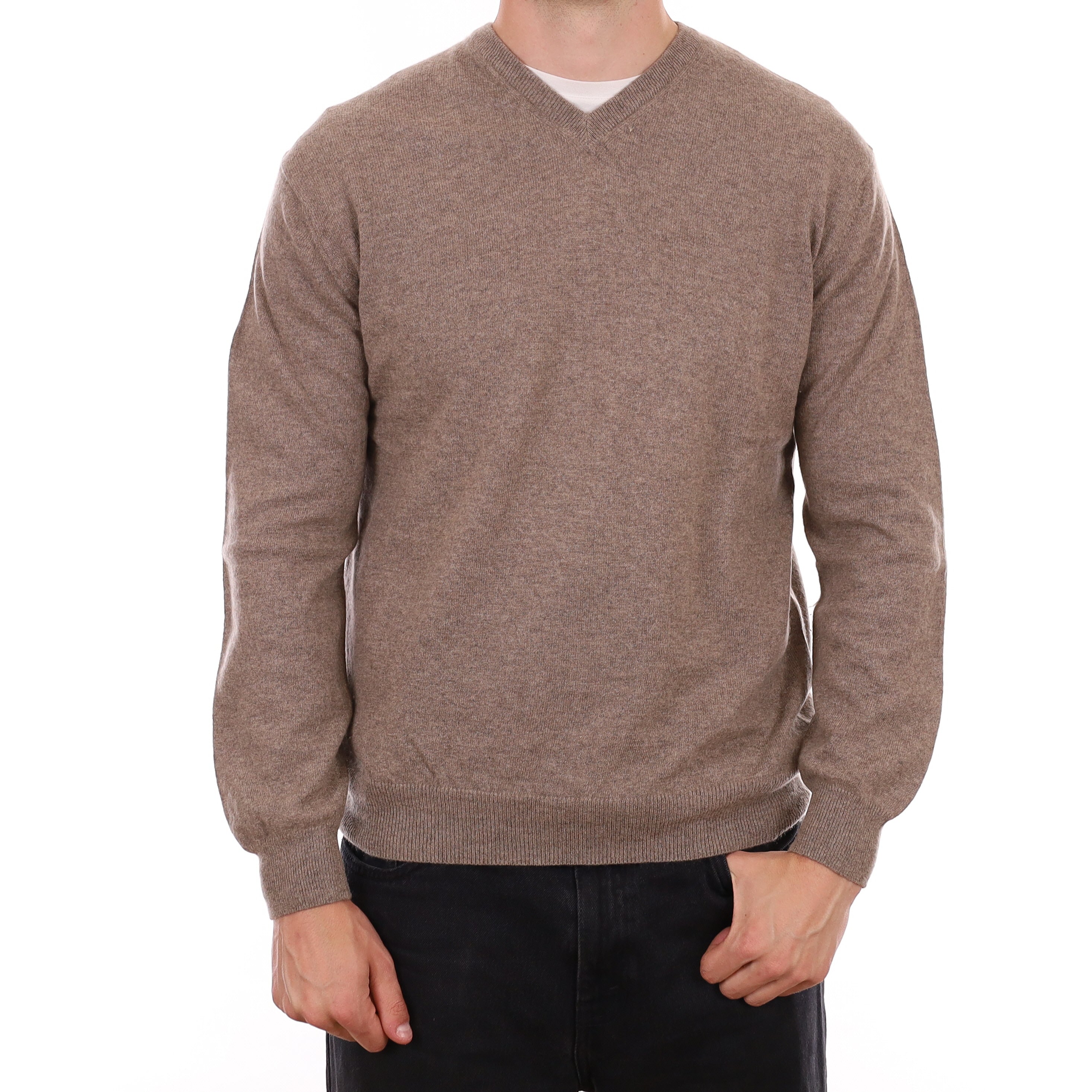 Men's Taupe Brown Cashmere V Neck Jumper XL