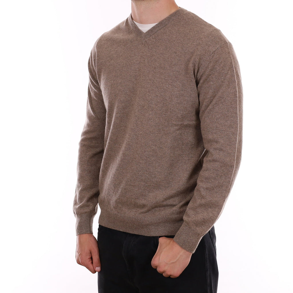 Men's Taupe Brown Cashmere V Neck Jumper XL