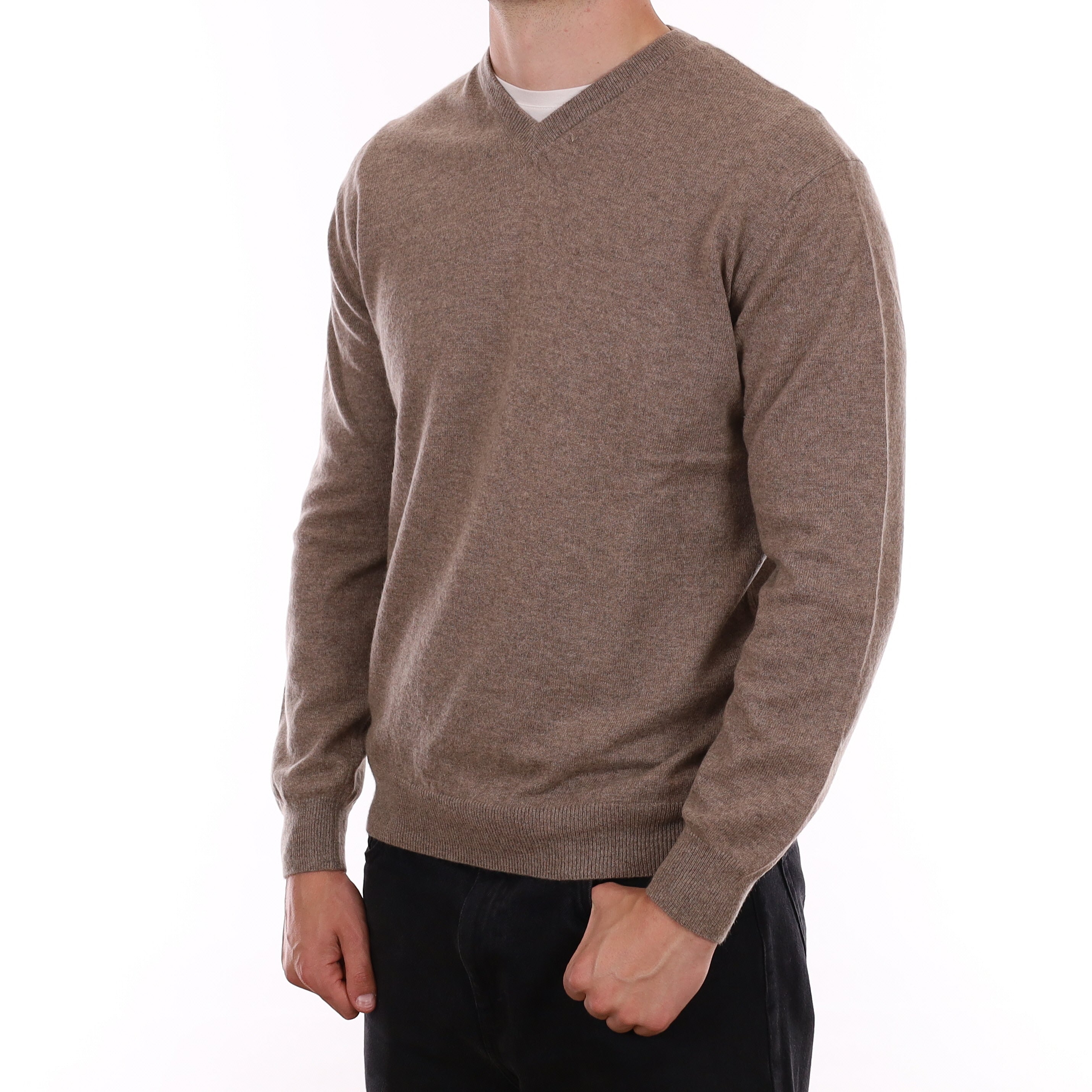 Men's Taupe Brown Cashmere V Neck Jumper XL