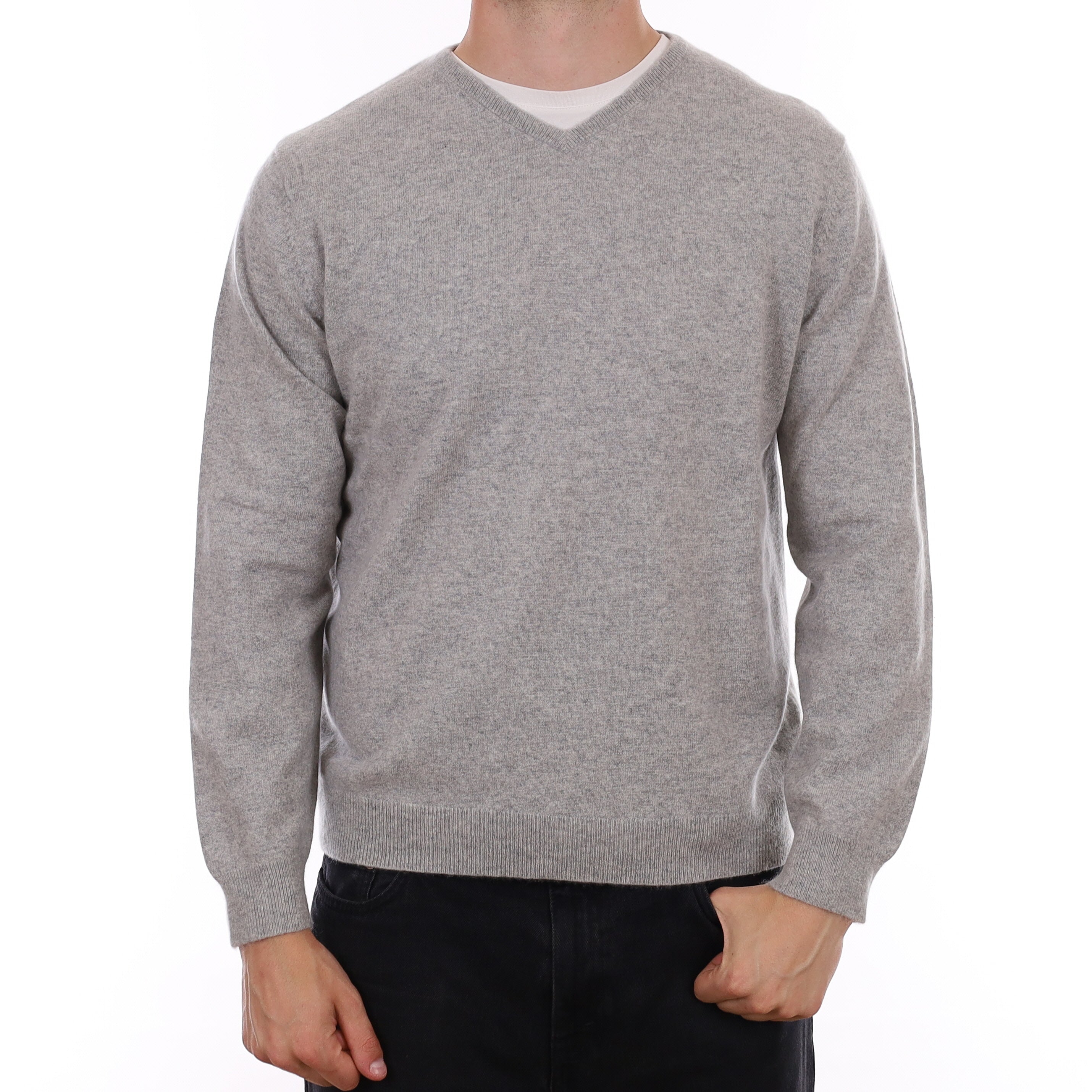 Men's Mist Grey Cashmere V Neck Jumper XL