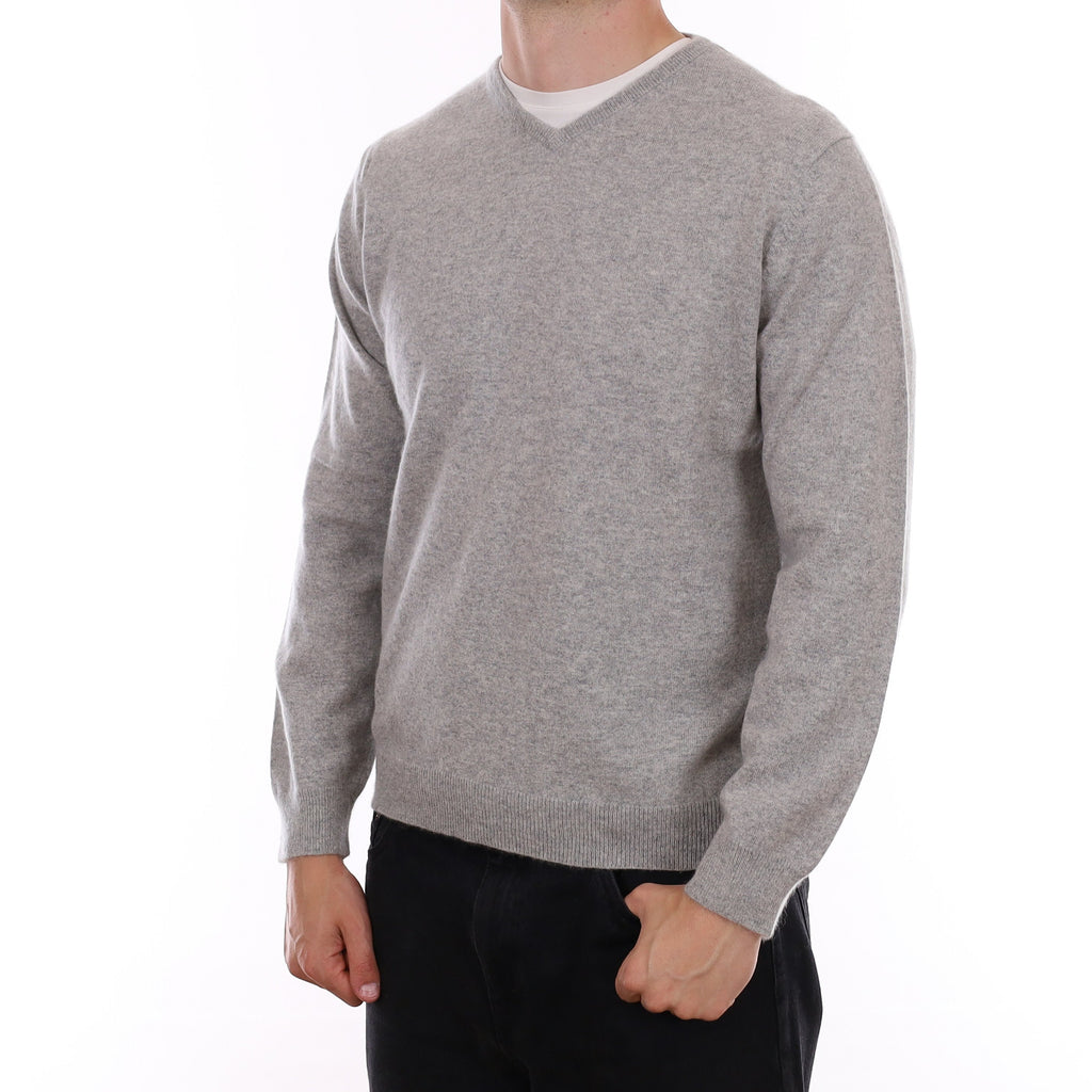 Men's Mist Grey Cashmere V Neck Jumper XL