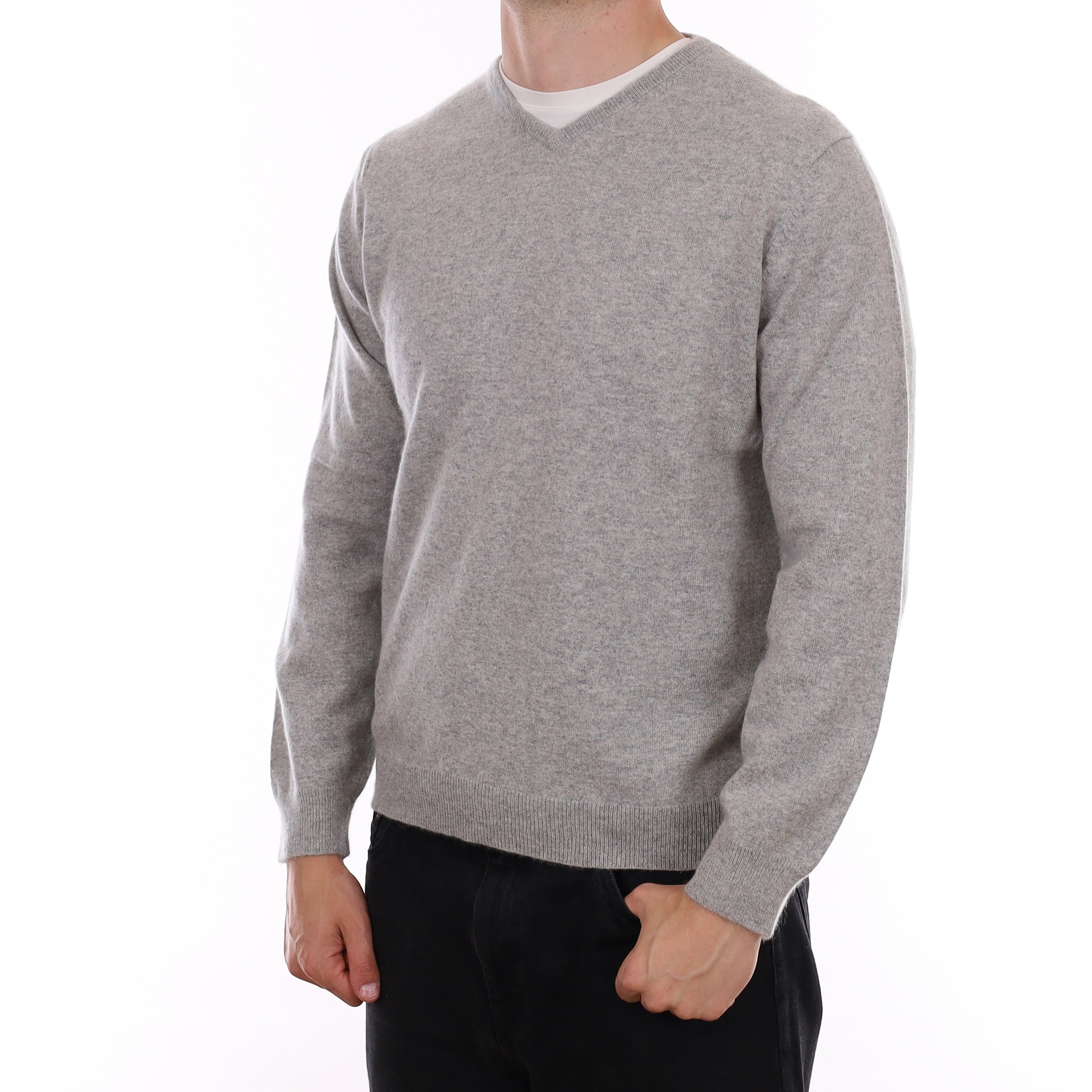 Men's Mist Grey Cashmere V Neck Jumper XL