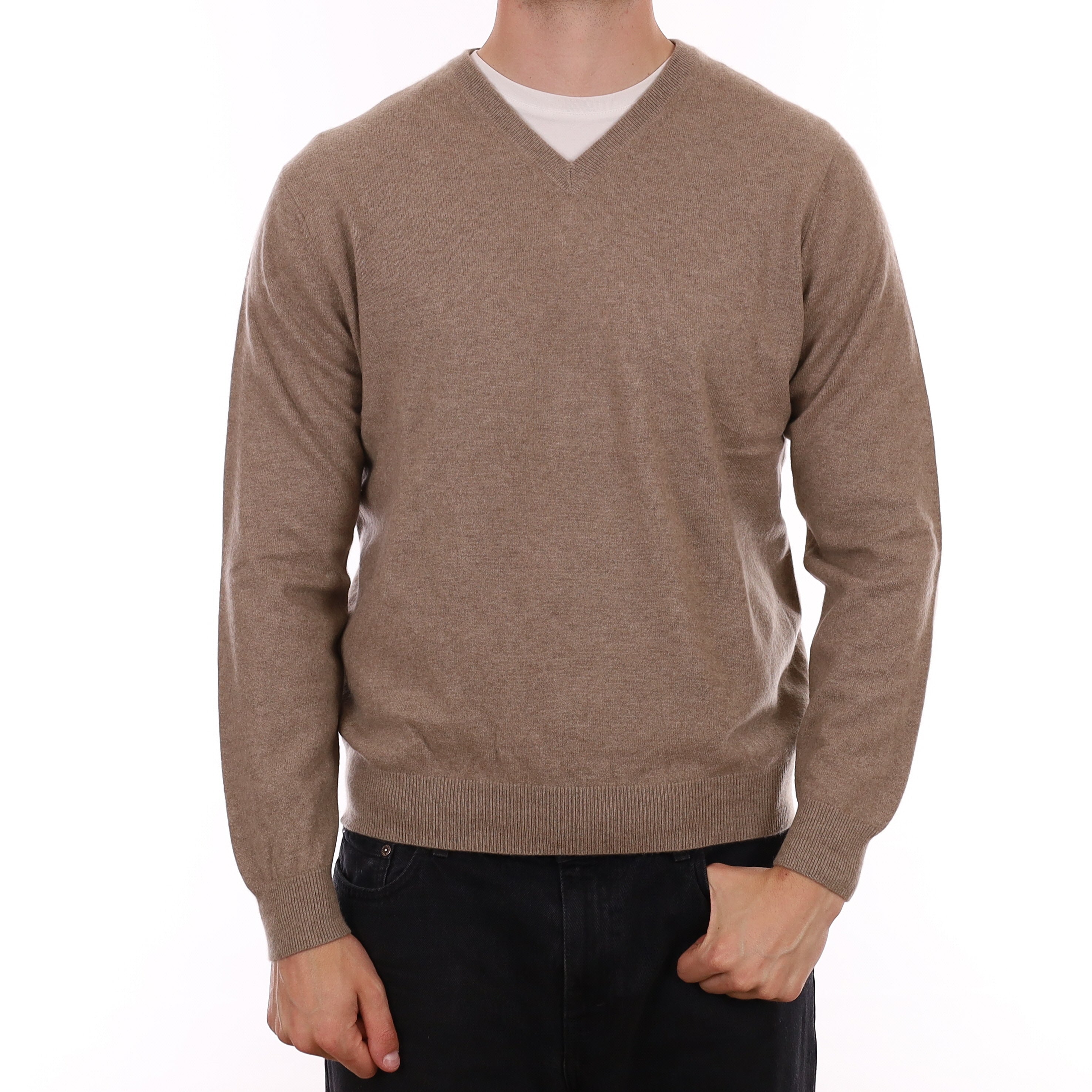 Men's Taupe Brown Cashmere V Neck Jumper XL