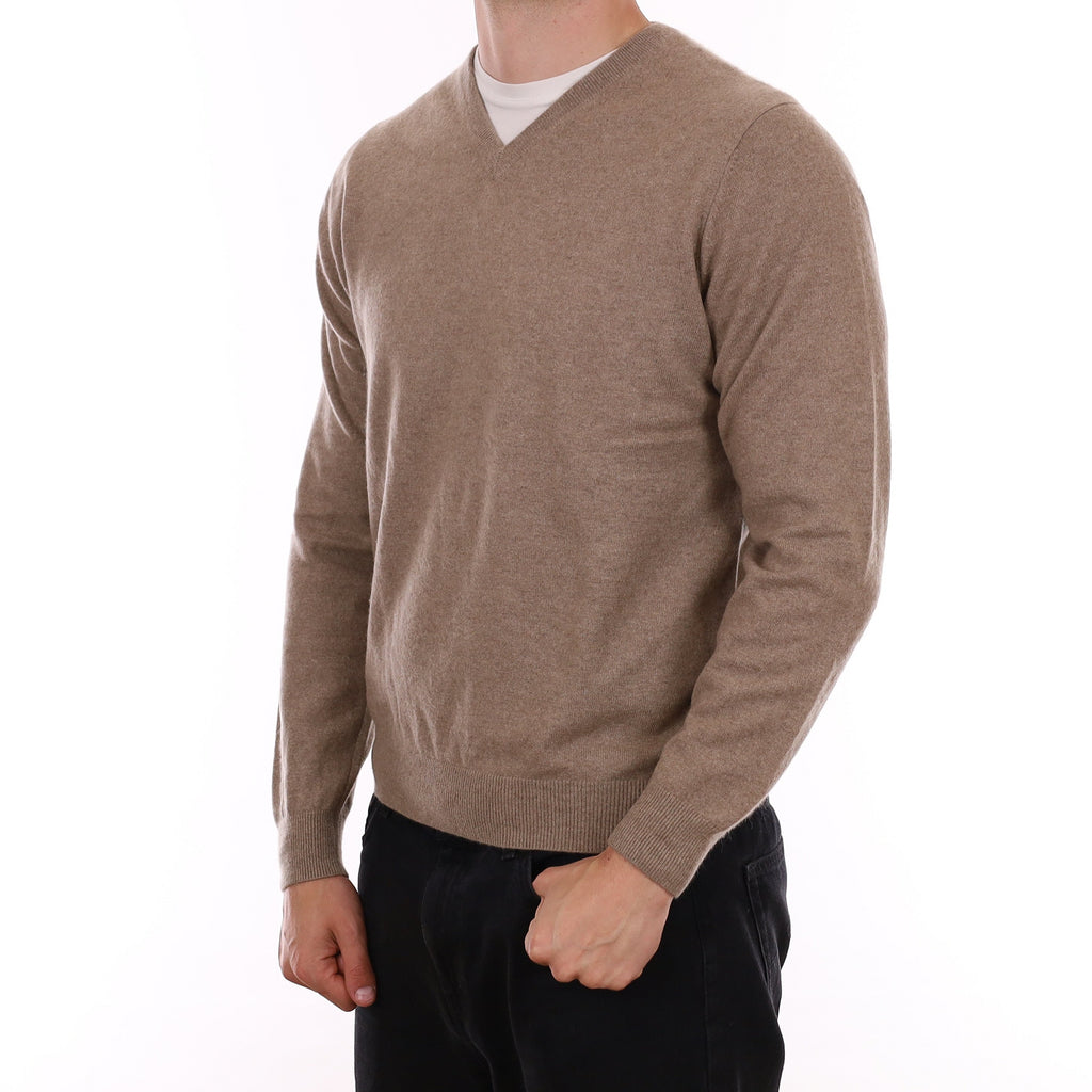 Men's Taupe Brown Cashmere V Neck Jumper XL