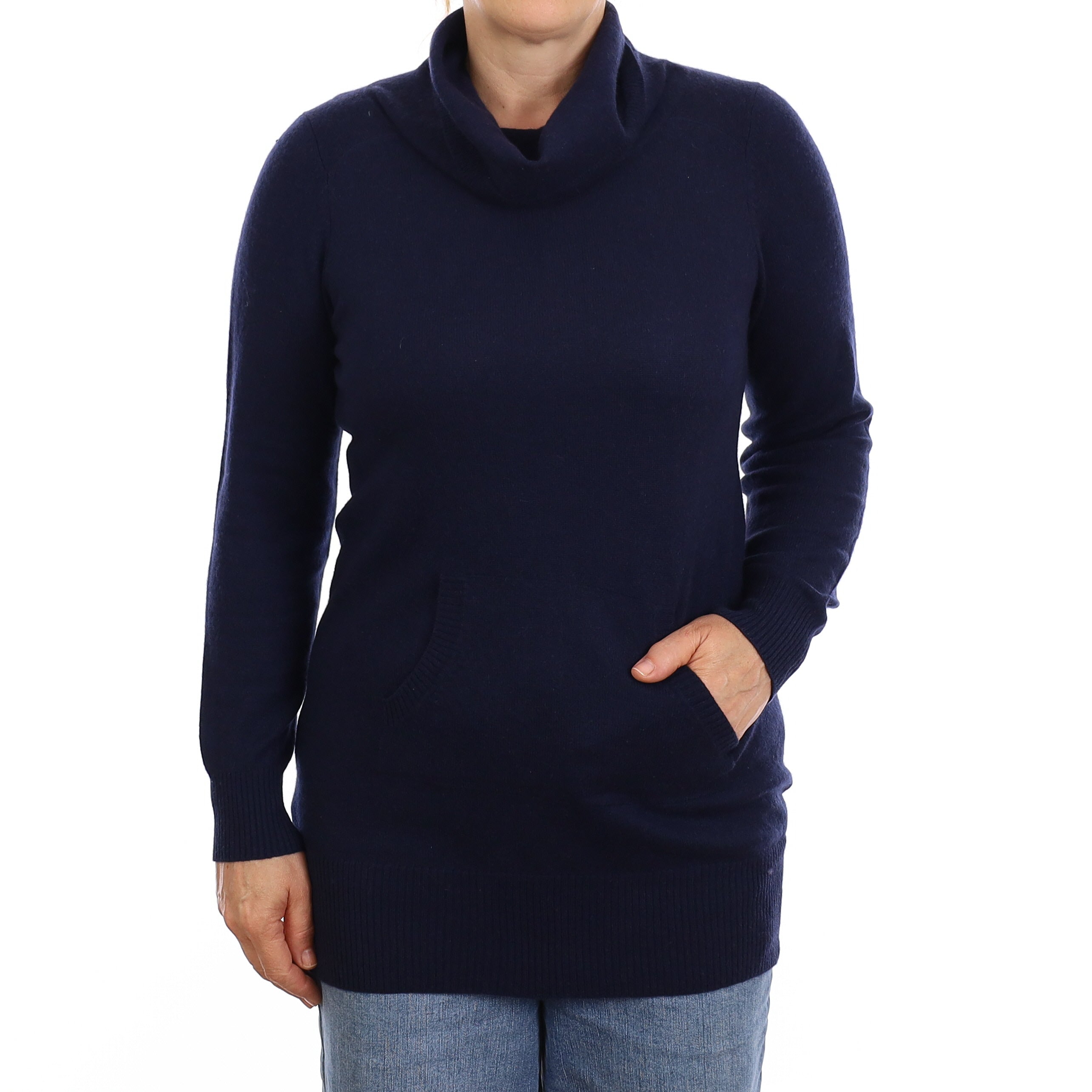 Navy Cashmere Longline Polo Neck Jumper with Pouch Pocket Medium