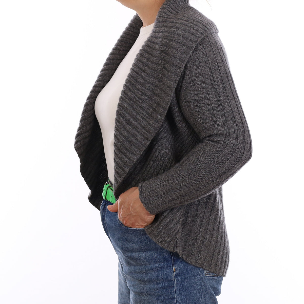 Slate Grey Rib Chunky Cashmere Shrug Style Cardigan Medium