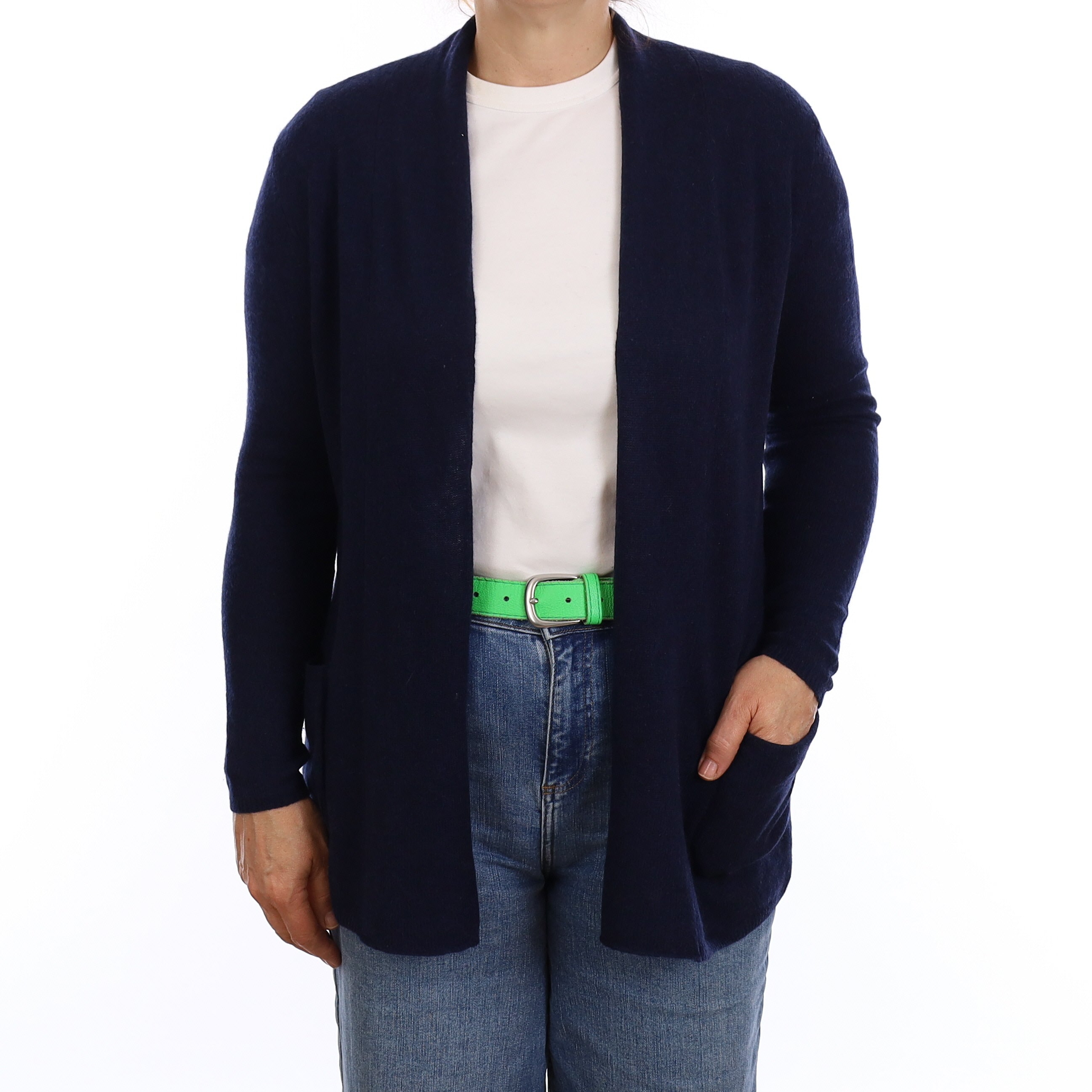 Navy Blue Cashmere Edge to Edge Cardigan with Pockets Medium