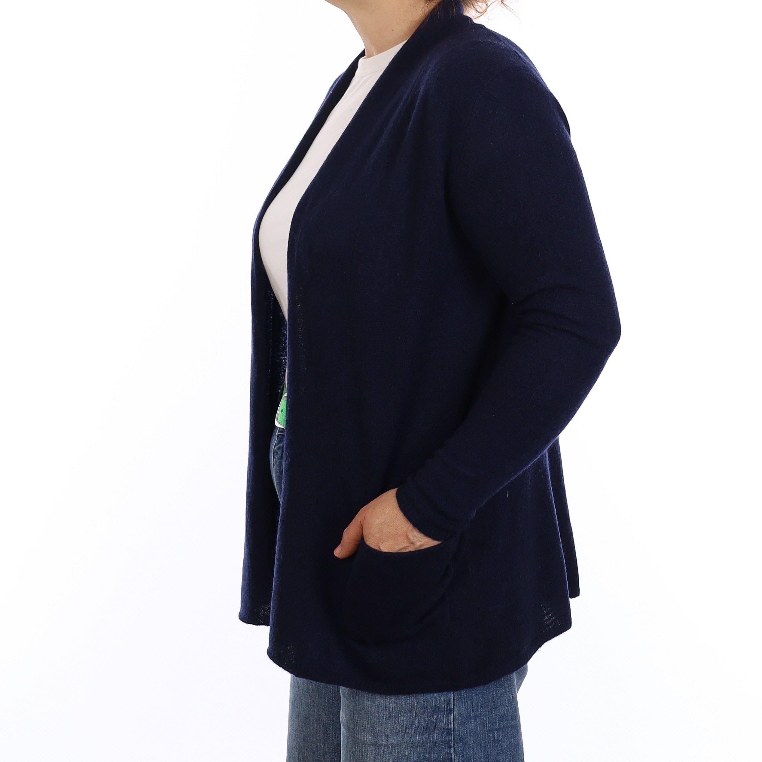 Navy Blue Cashmere Edge to Edge Cardigan with Pockets Medium