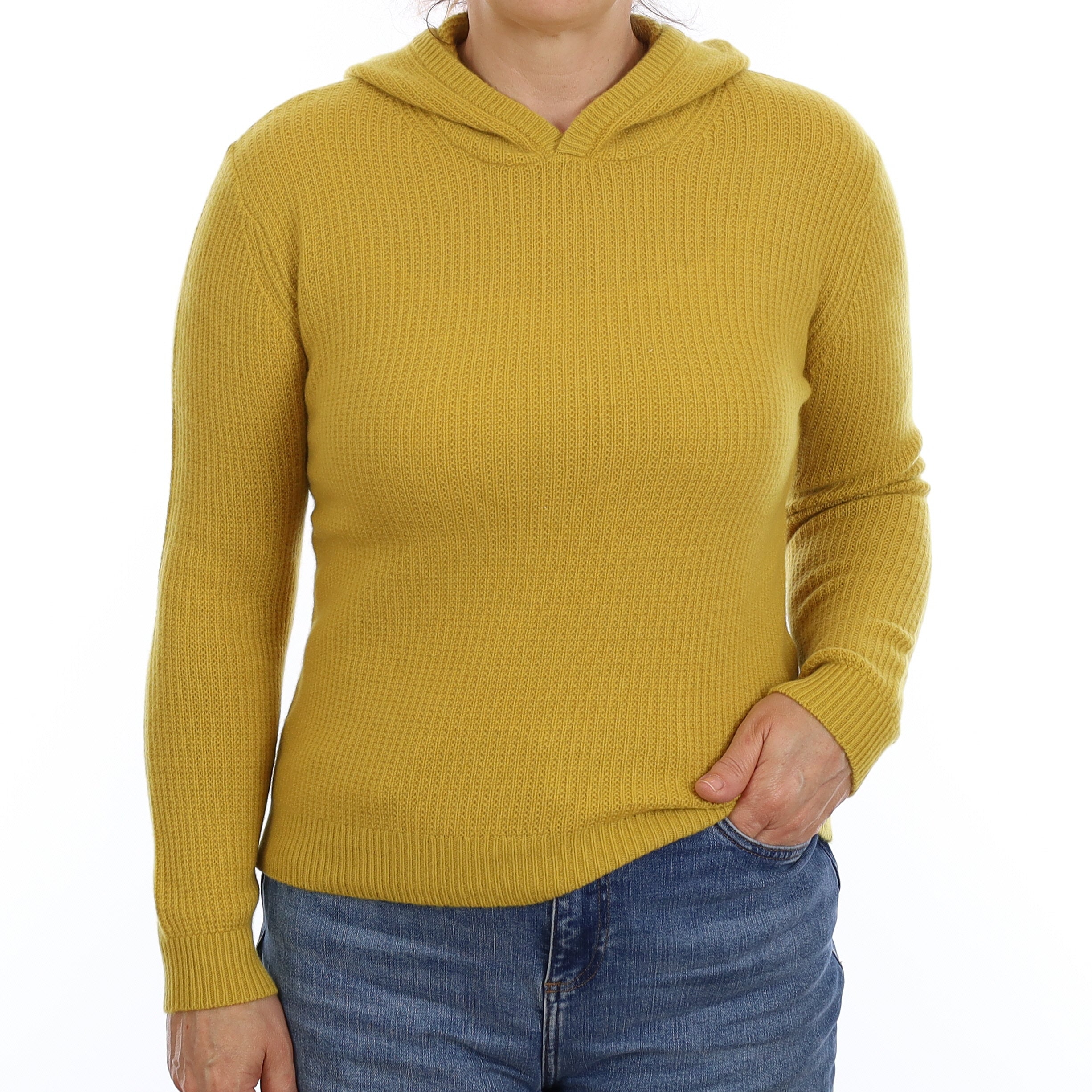 Brand New Mustard Yellow Cashmere Waffle Knit Hoodie Jumper Medium