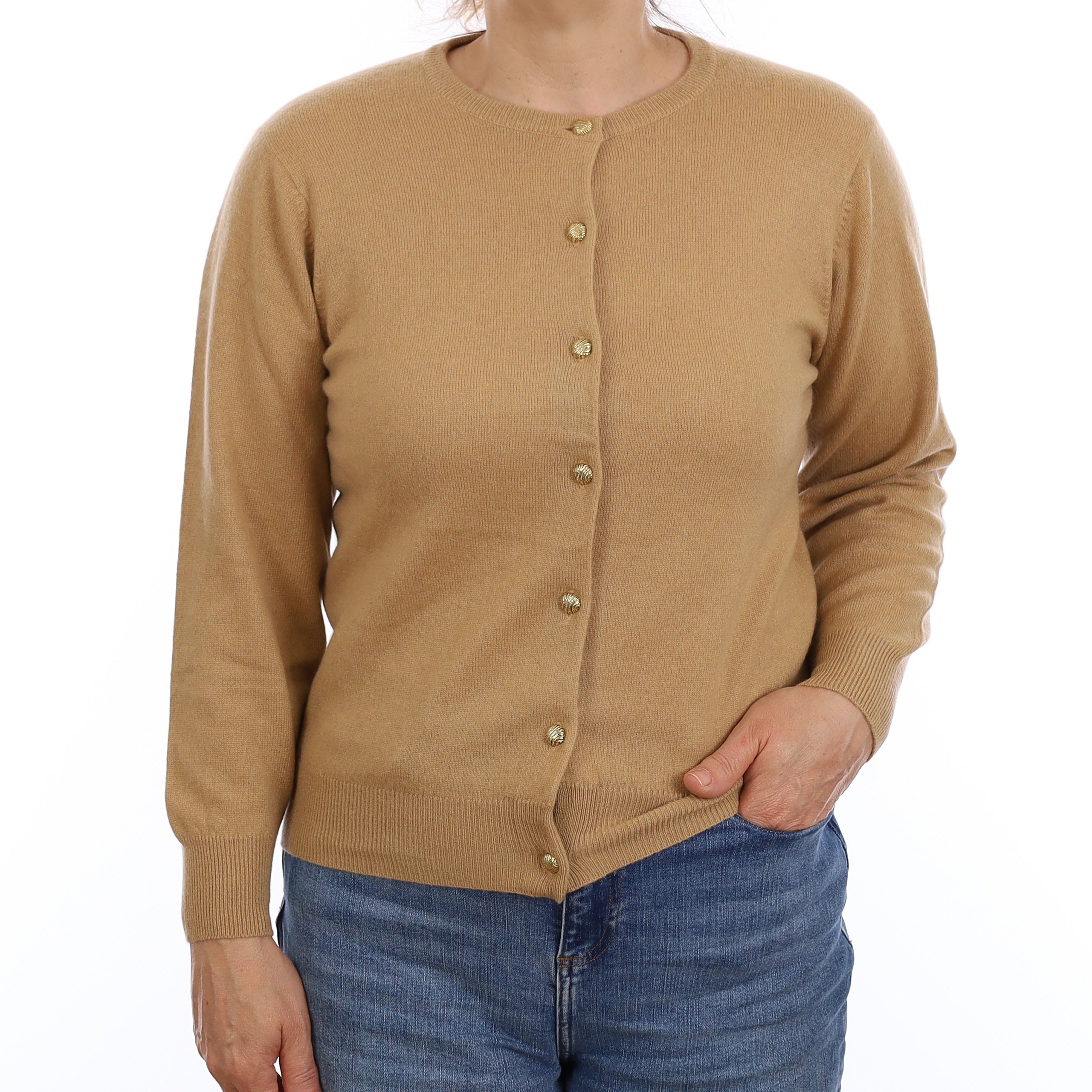 Caramel Brown Cashmere Crew Neck Cardigan Medium