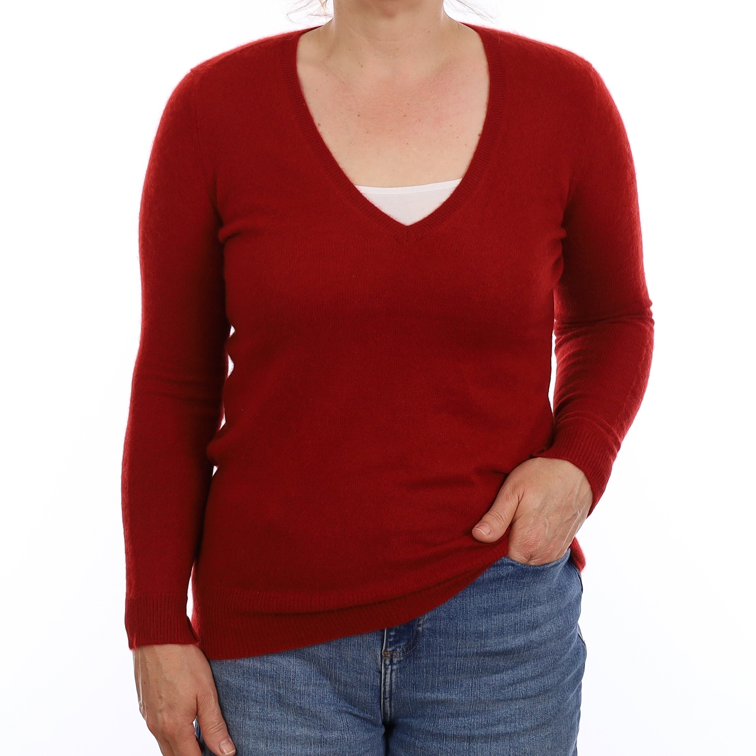 Paprika Red Cashmere V Neck Jumper Medium