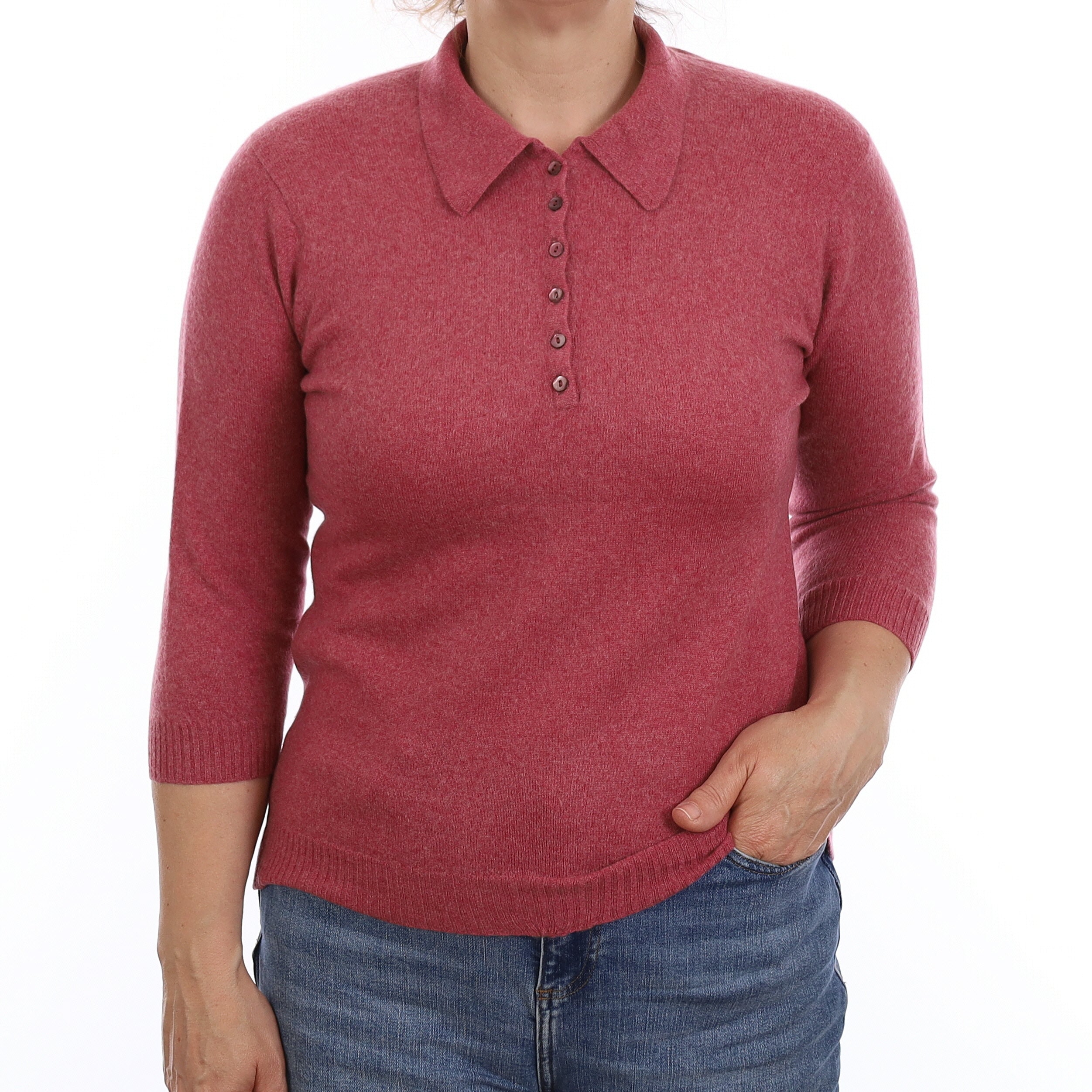 Brora Raspberry Pink Cashmere Collared Button Neck Jumper Medium
