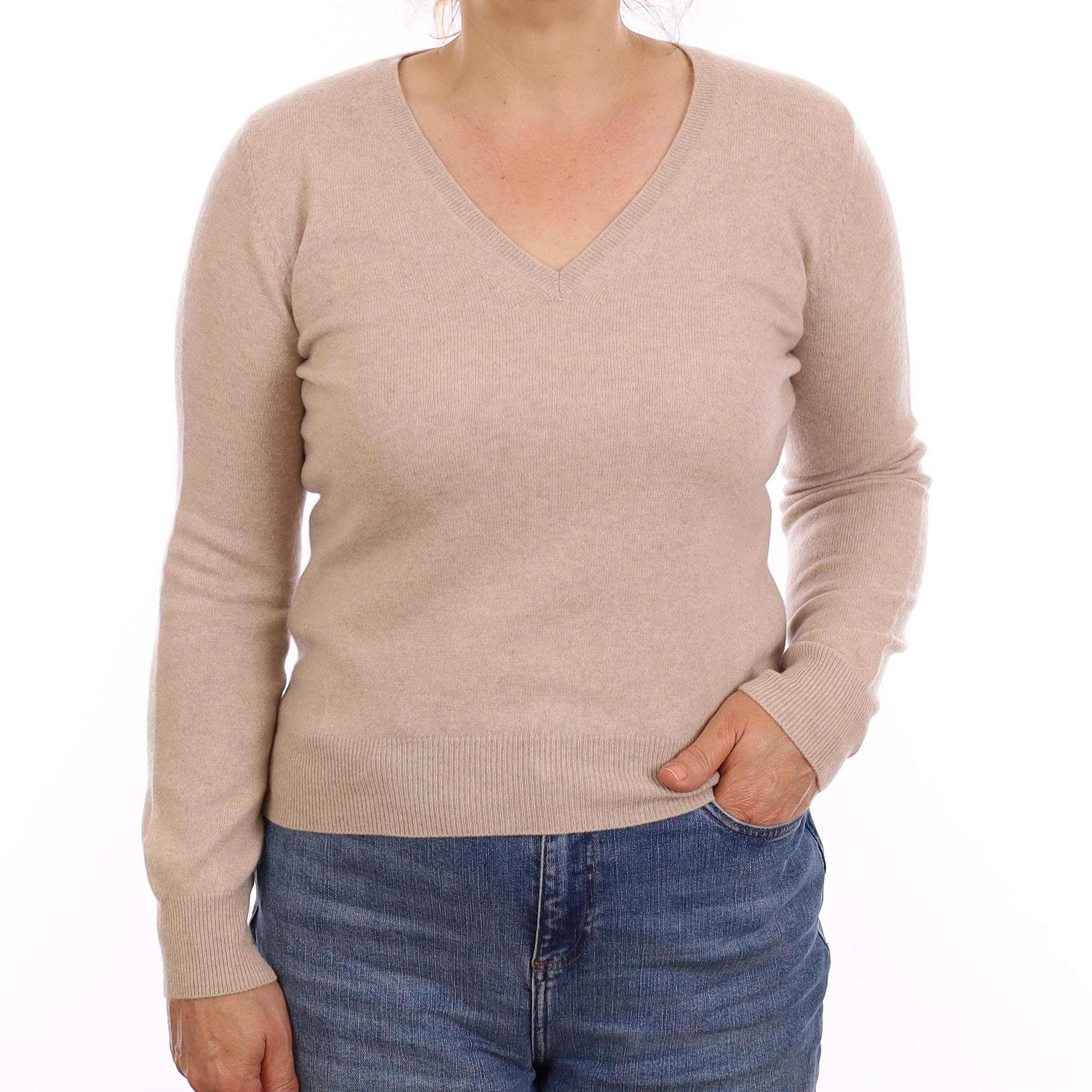 Pale Fawn Cashmere V Neck Jumper Medium