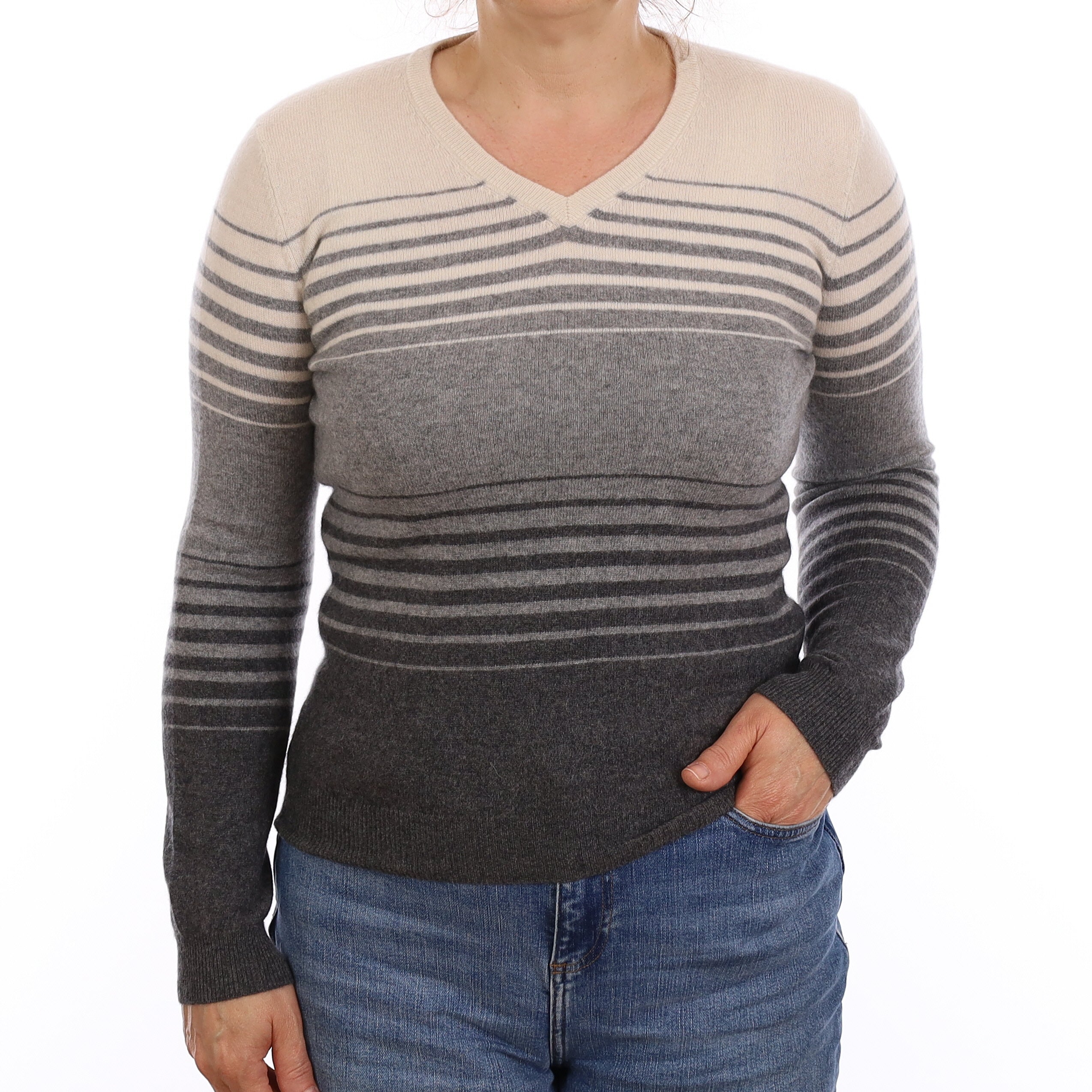 Grey and Cream Stripe Cashmere V Neck Jumper Medium