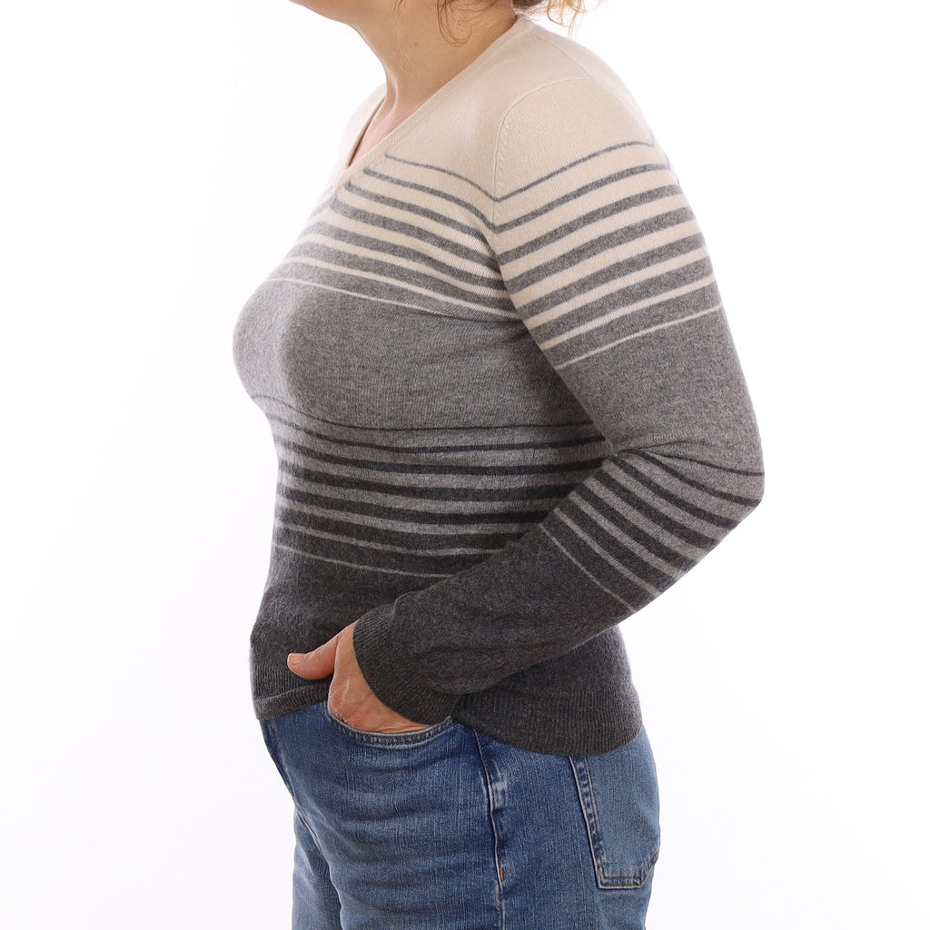 Grey and Cream Stripe Cashmere V Neck Jumper Medium