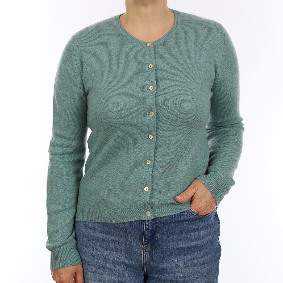 Brora Sea Foam Green Cashmere Crew Neck Cardigan Medium