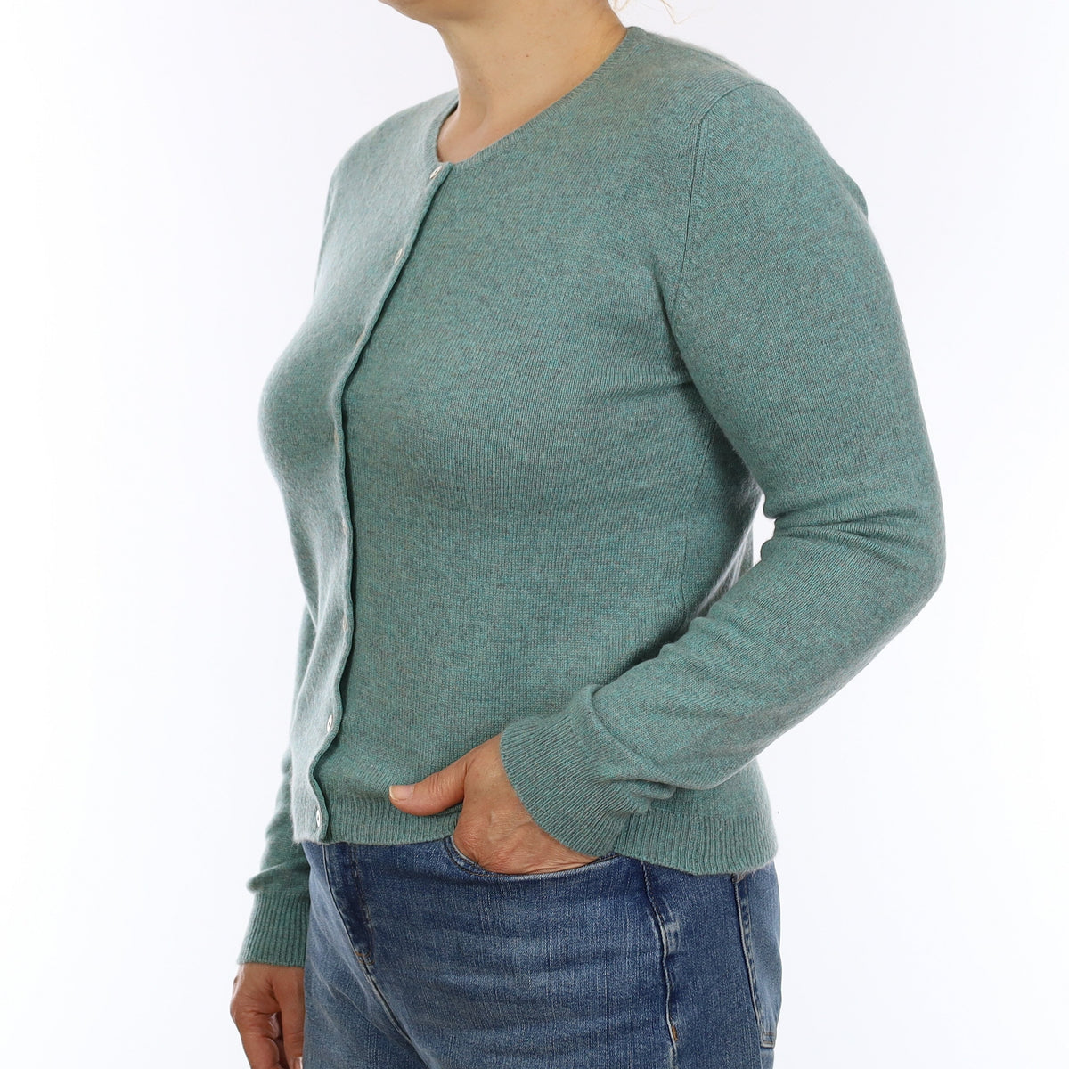 Brora Sea Foam Green Cashmere Crew Neck Cardigan Medium