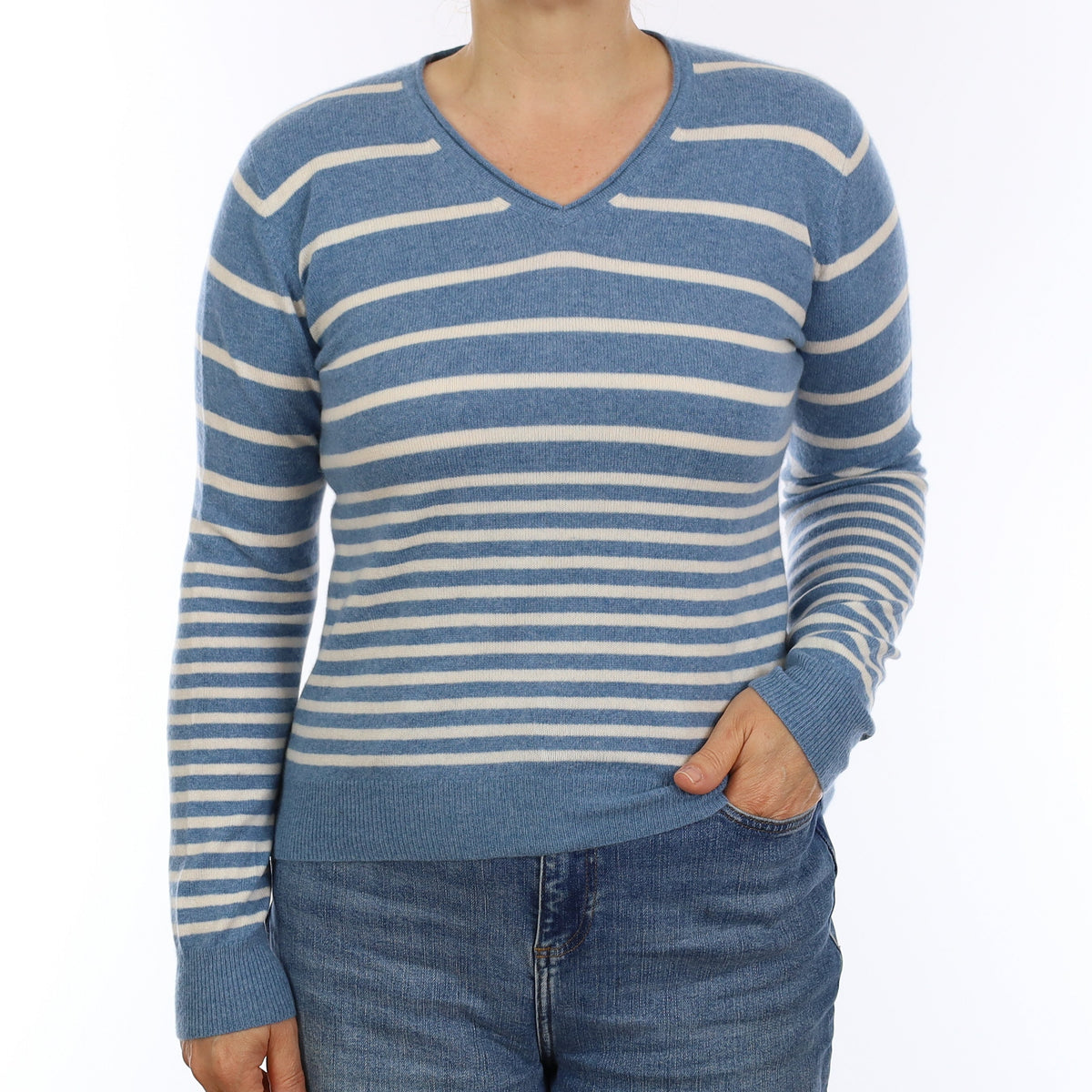 Blue & Cream Stripe Cashmere V Neck Jumper Medium