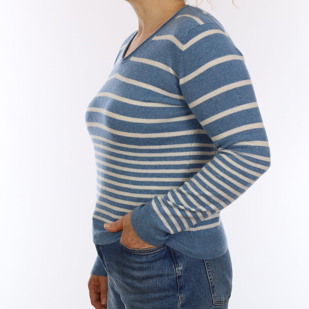 Blue & Cream Stripe Cashmere V Neck Jumper Medium