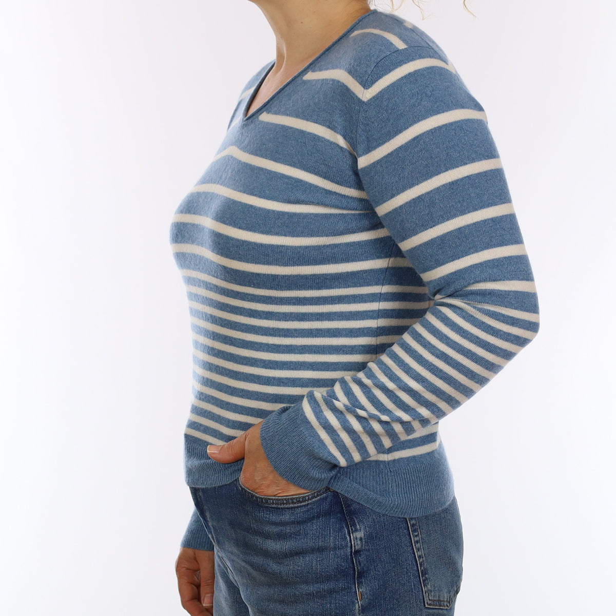 Blue & Cream Stripe Cashmere V Neck Jumper Medium